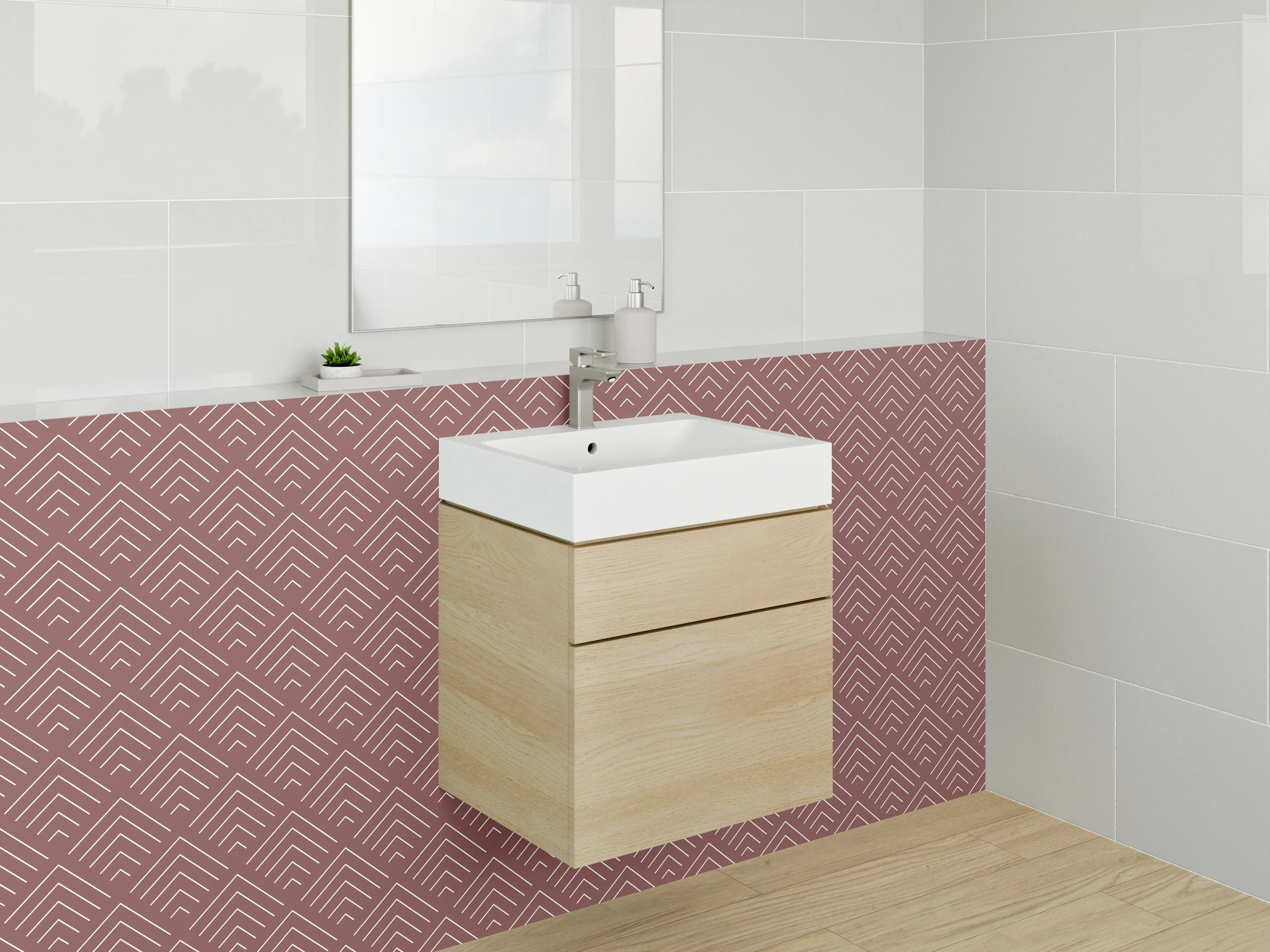 Waschbecken-Rückwand - Geometrisches Retro Muster Rot Weiß