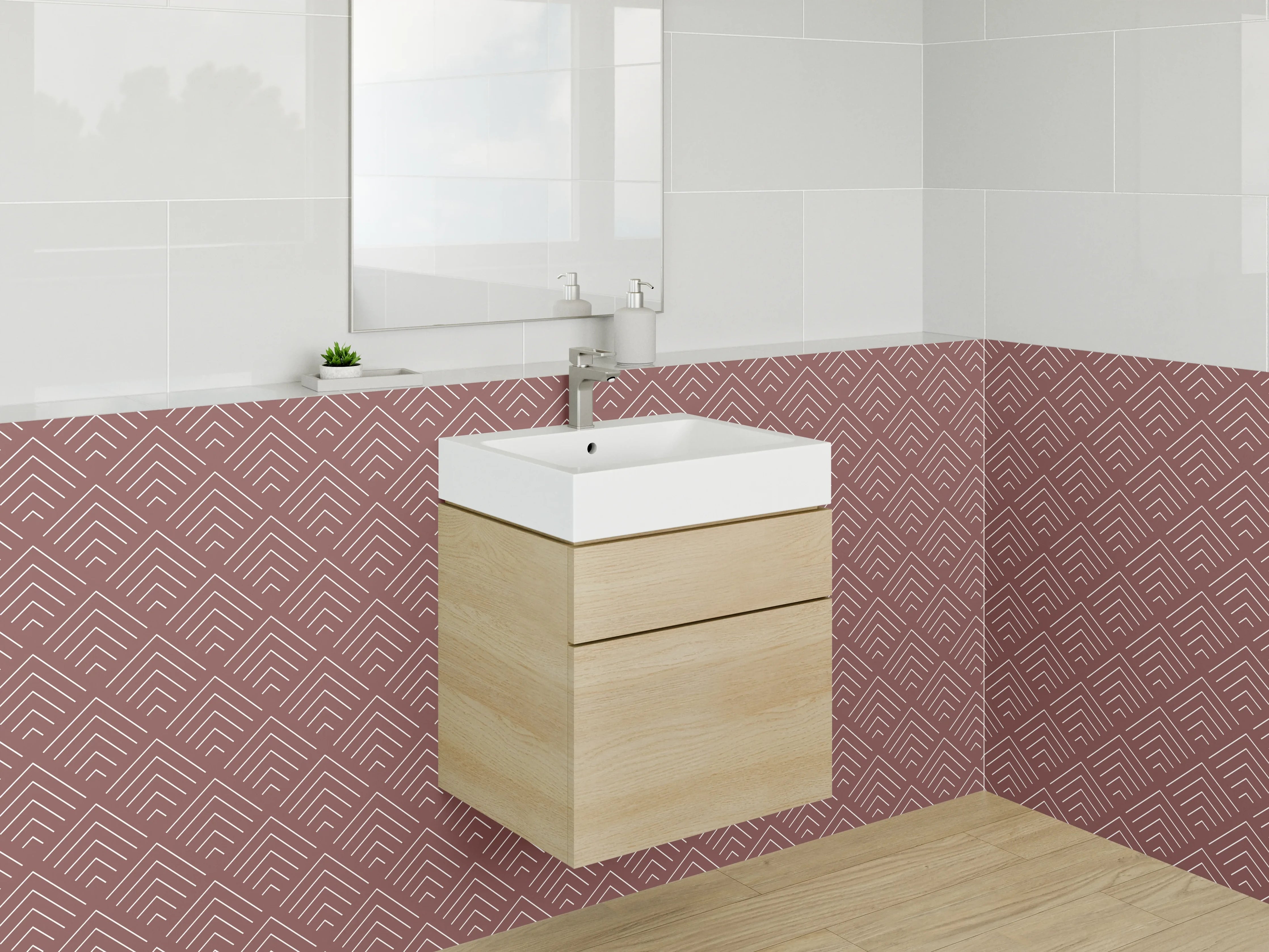 Waschbecken-Rückwand - Geometrisches Retro Muster Rot Weiß