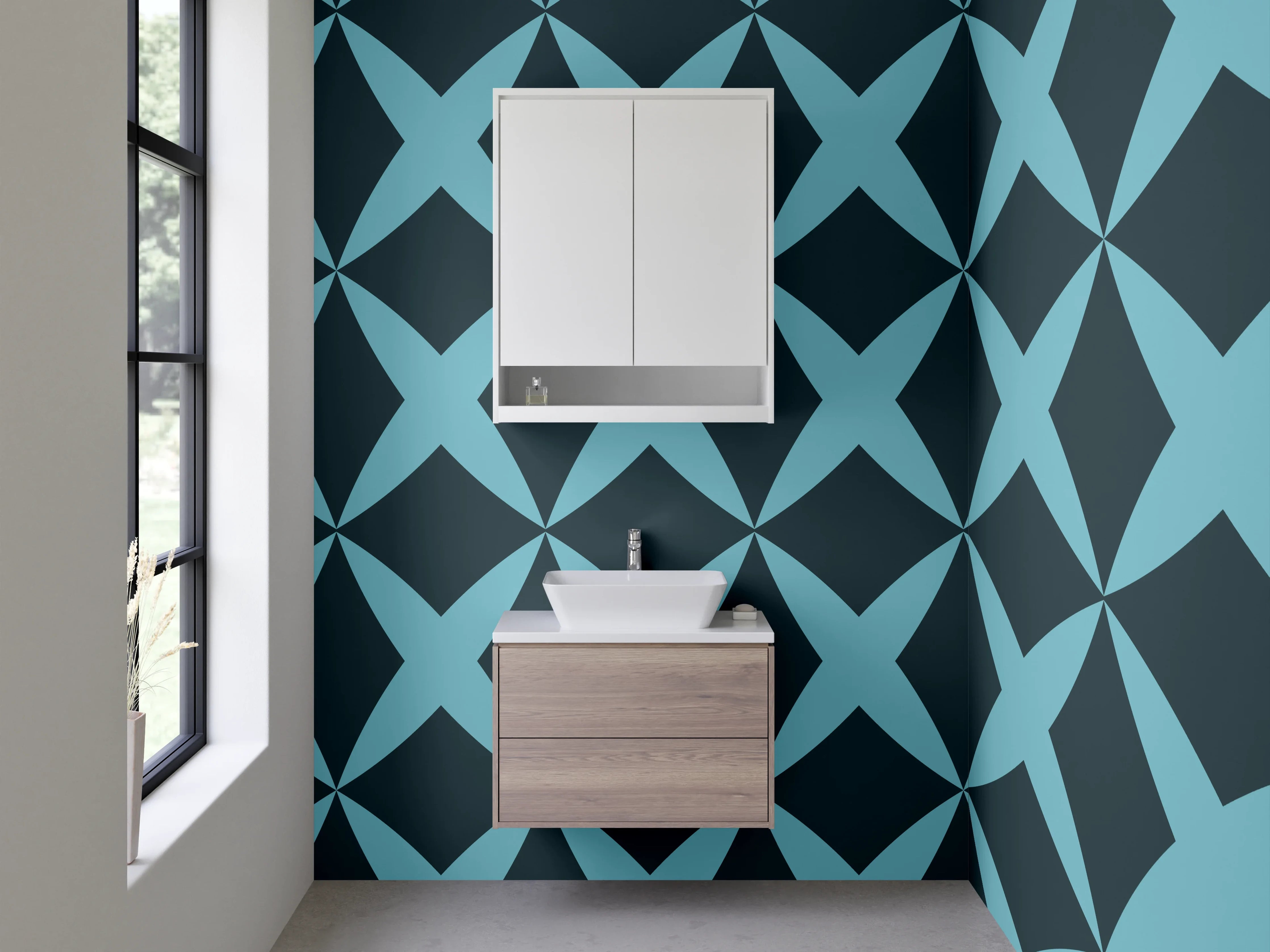 Waschbecken-Rückwand - Geometrisches Retro-Muster Türkis Dunkelblau