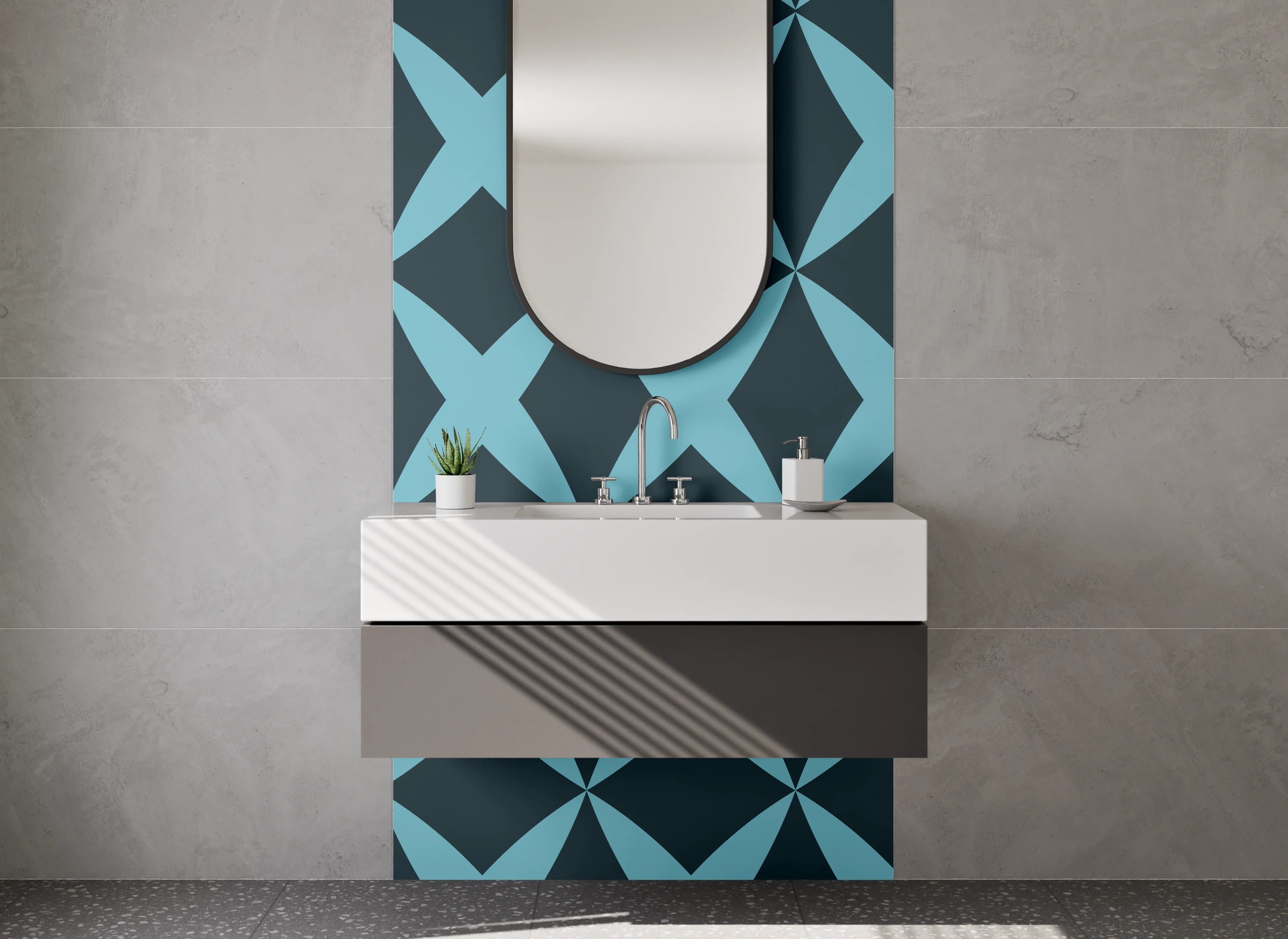 Waschbecken-Rückwand - Geometrisches Retro-Muster Türkis Dunkelblau