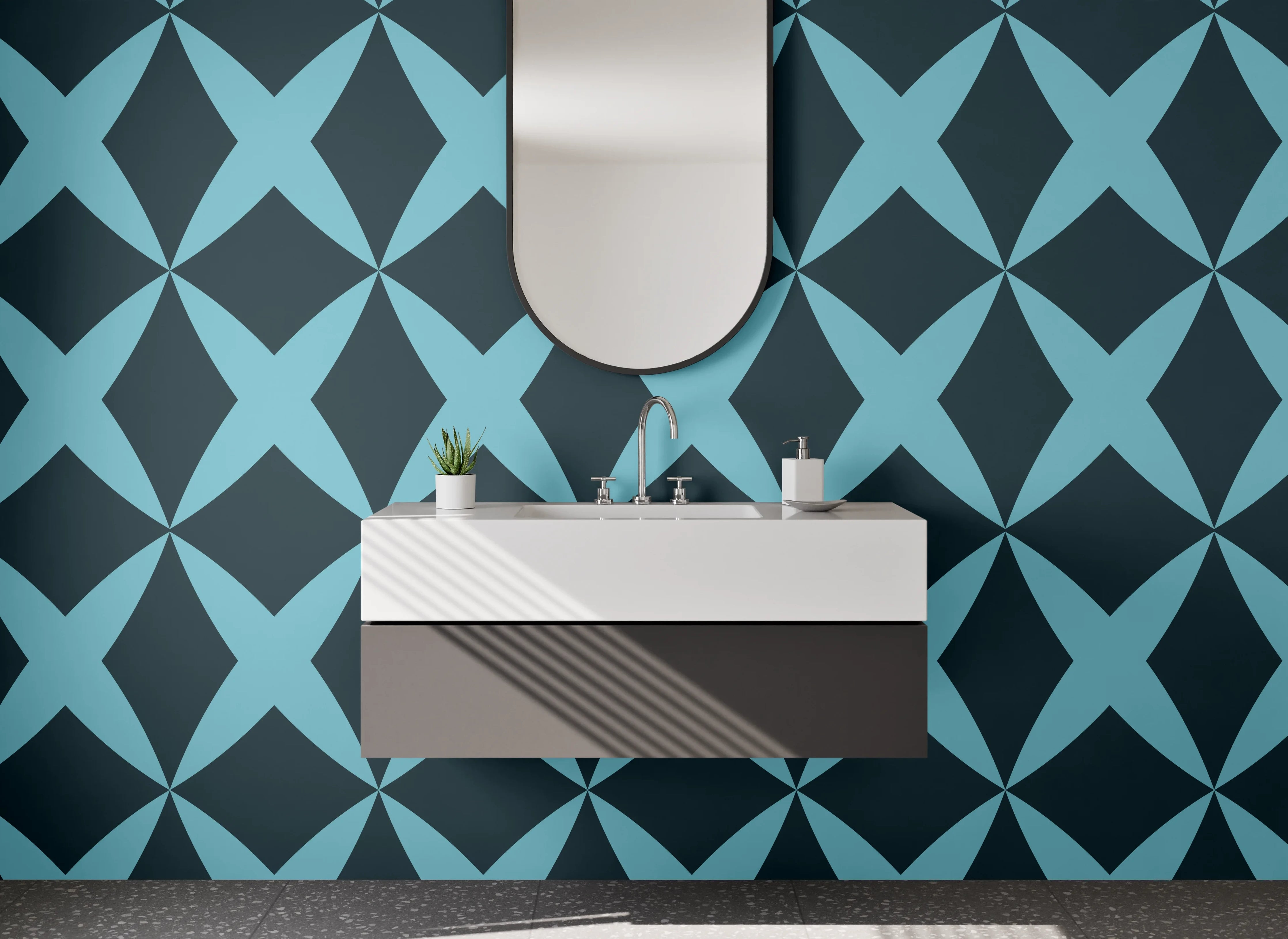 Waschbecken-Rückwand - Geometrisches Retro-Muster Türkis Dunkelblau