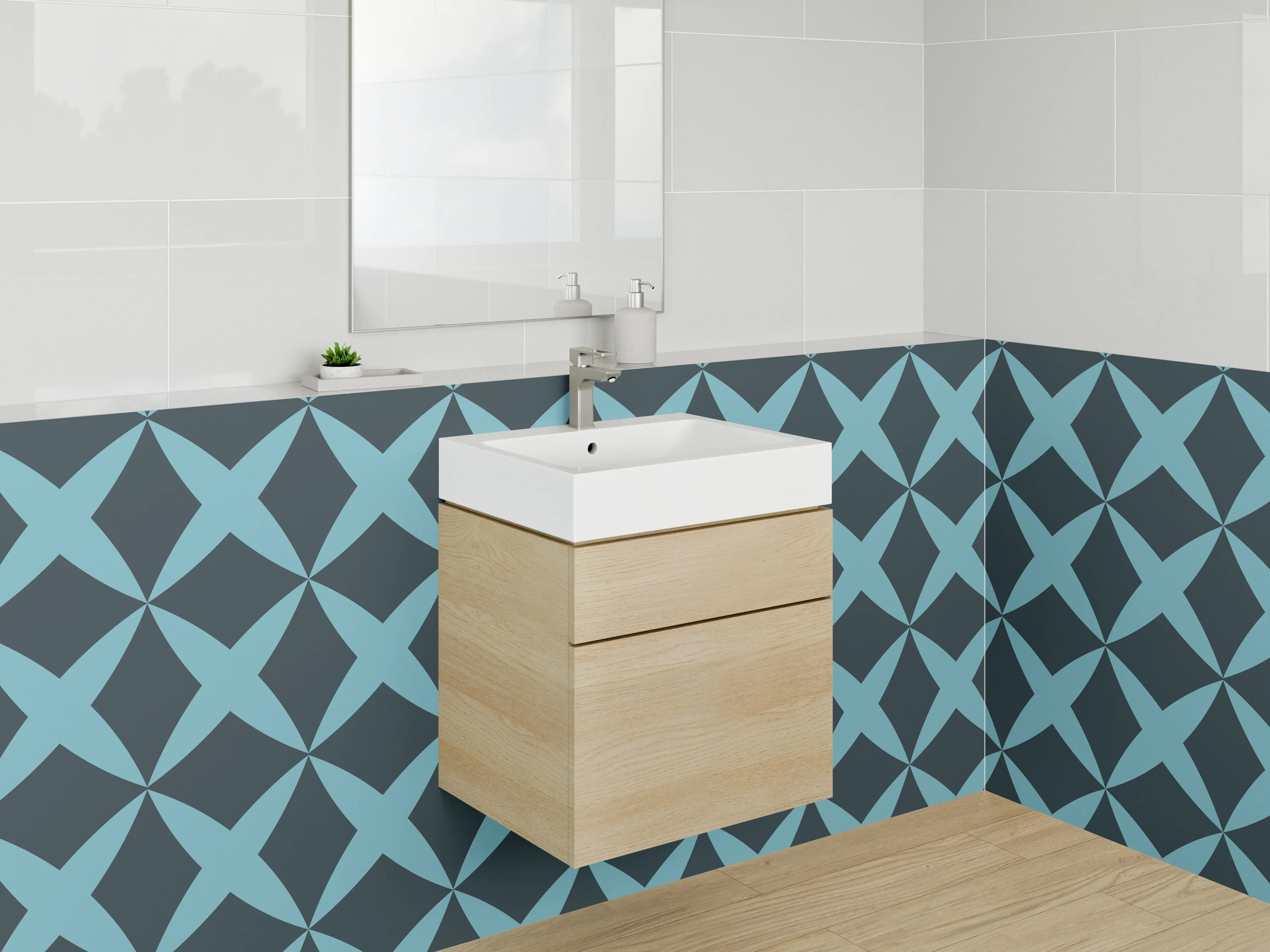 Waschbecken-Rückwand - Geometrisches Retro-Muster Türkis Dunkelblau