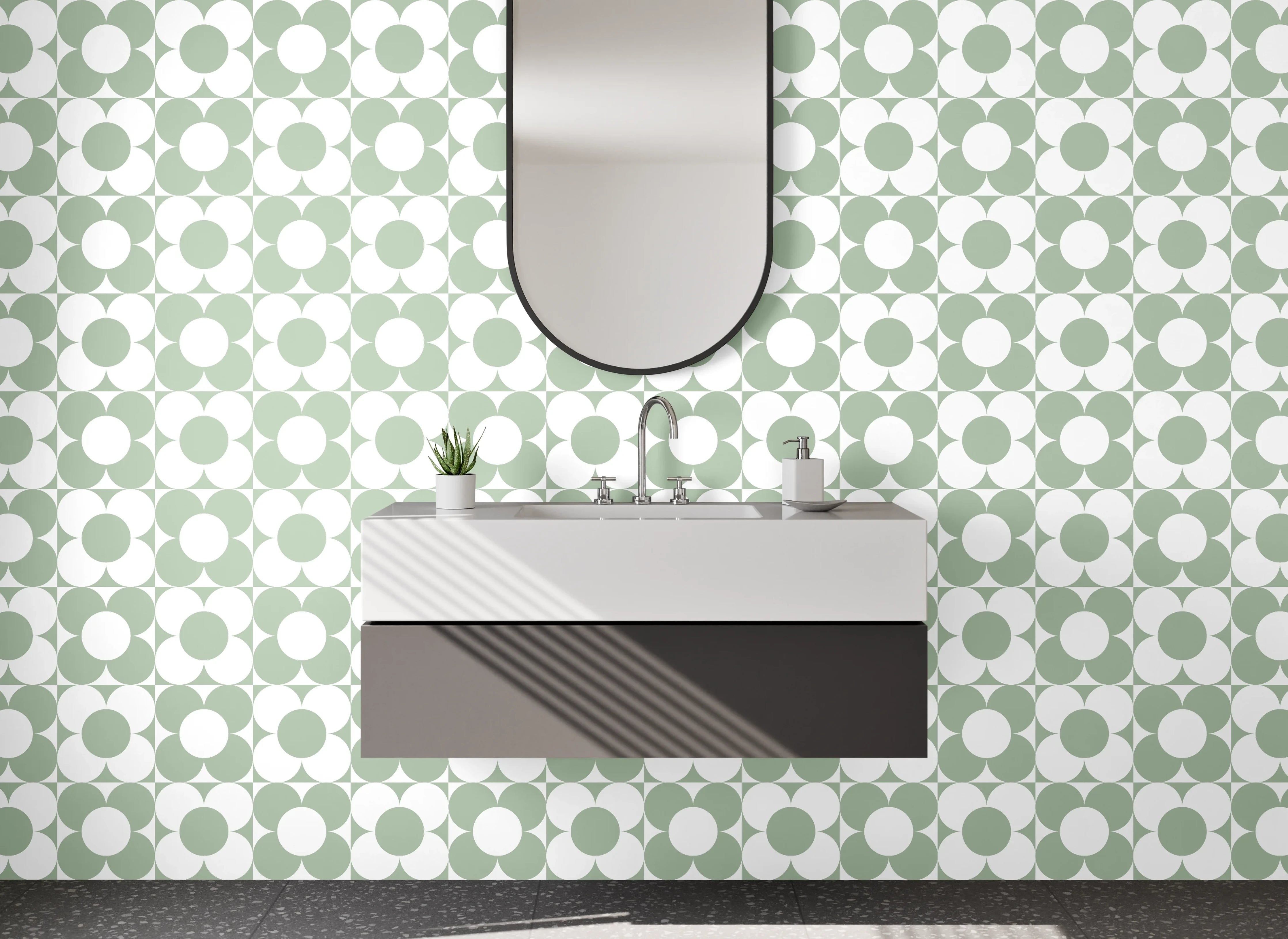 Waschbecken-Rückwand - Geometrisches Retro-Muster Weiß Grün