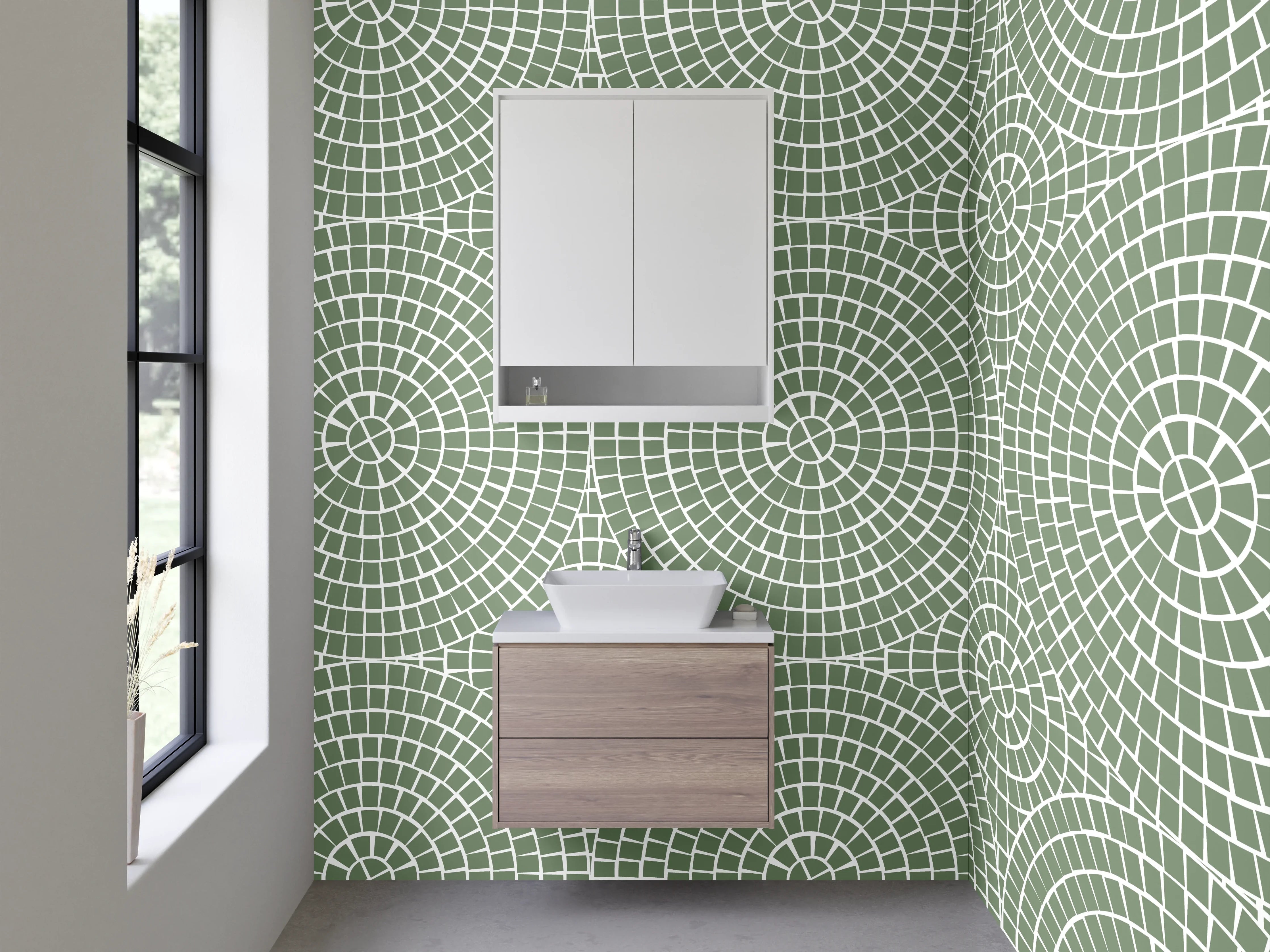Waschbecken-Rückwand - Geometrisches Retro-Muster grün weiß