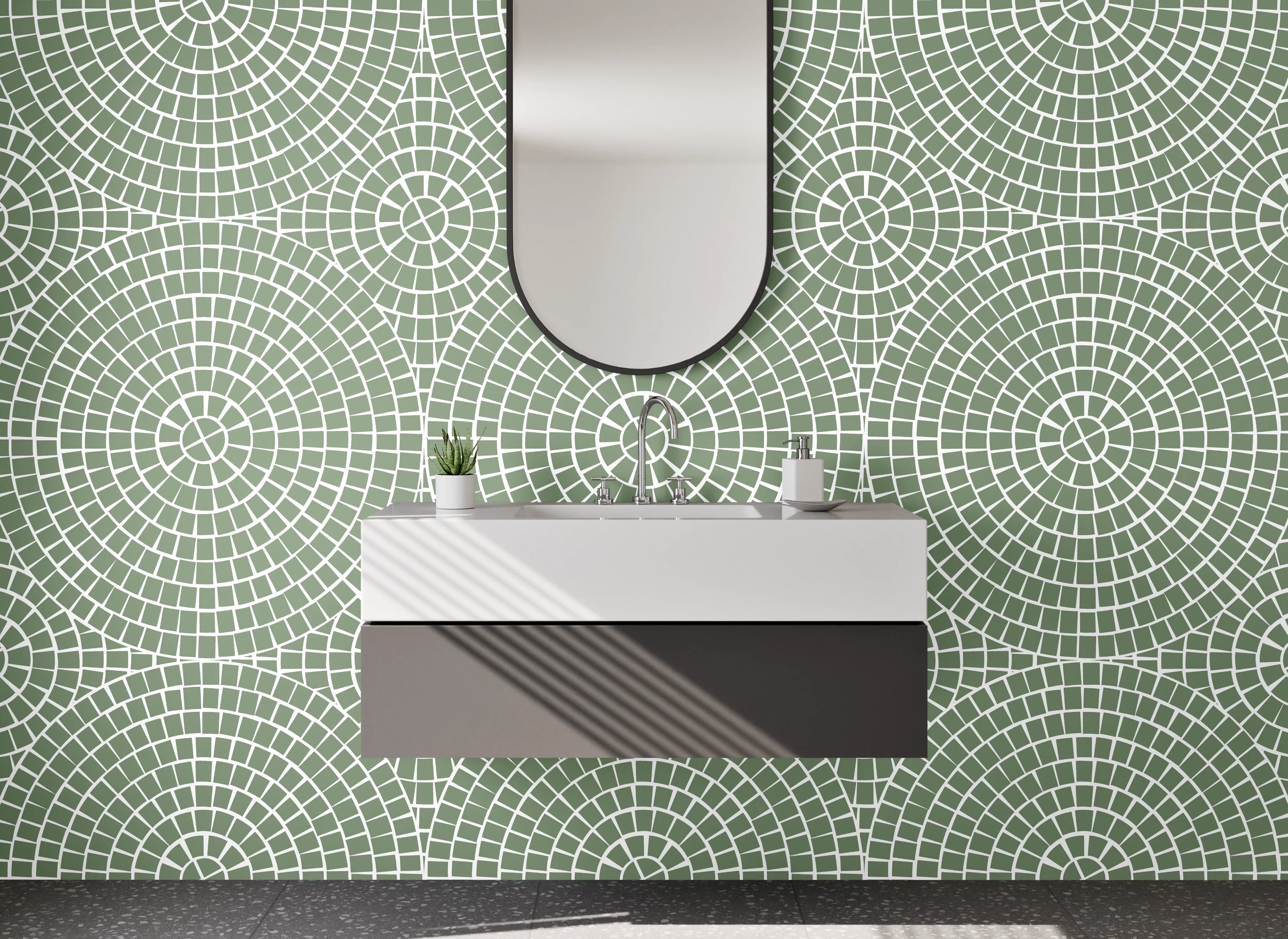 Waschbecken-Rückwand - Geometrisches Retro-Muster grün weiß