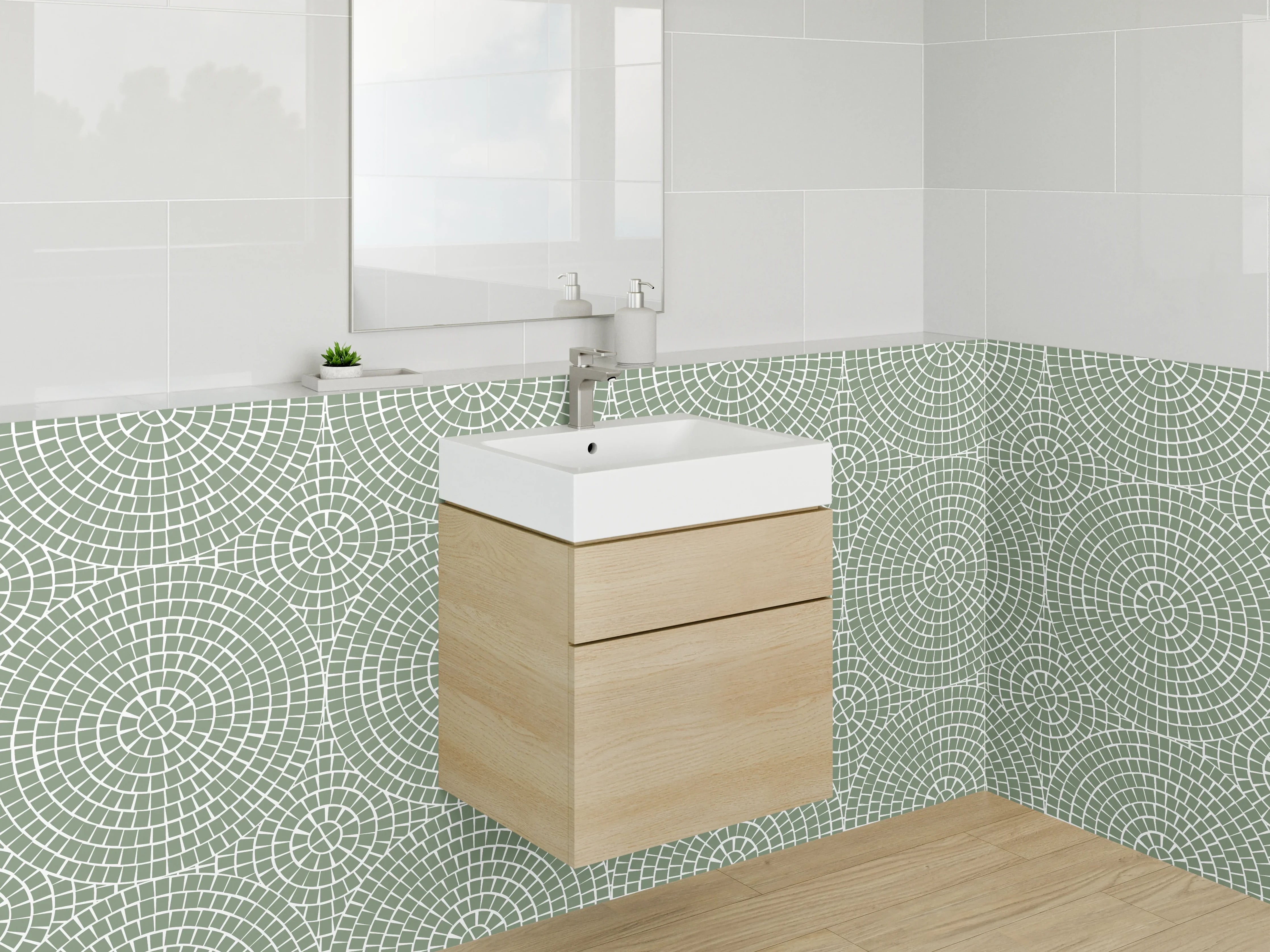Waschbecken-Rückwand - Geometrisches Retro-Muster grün weiß