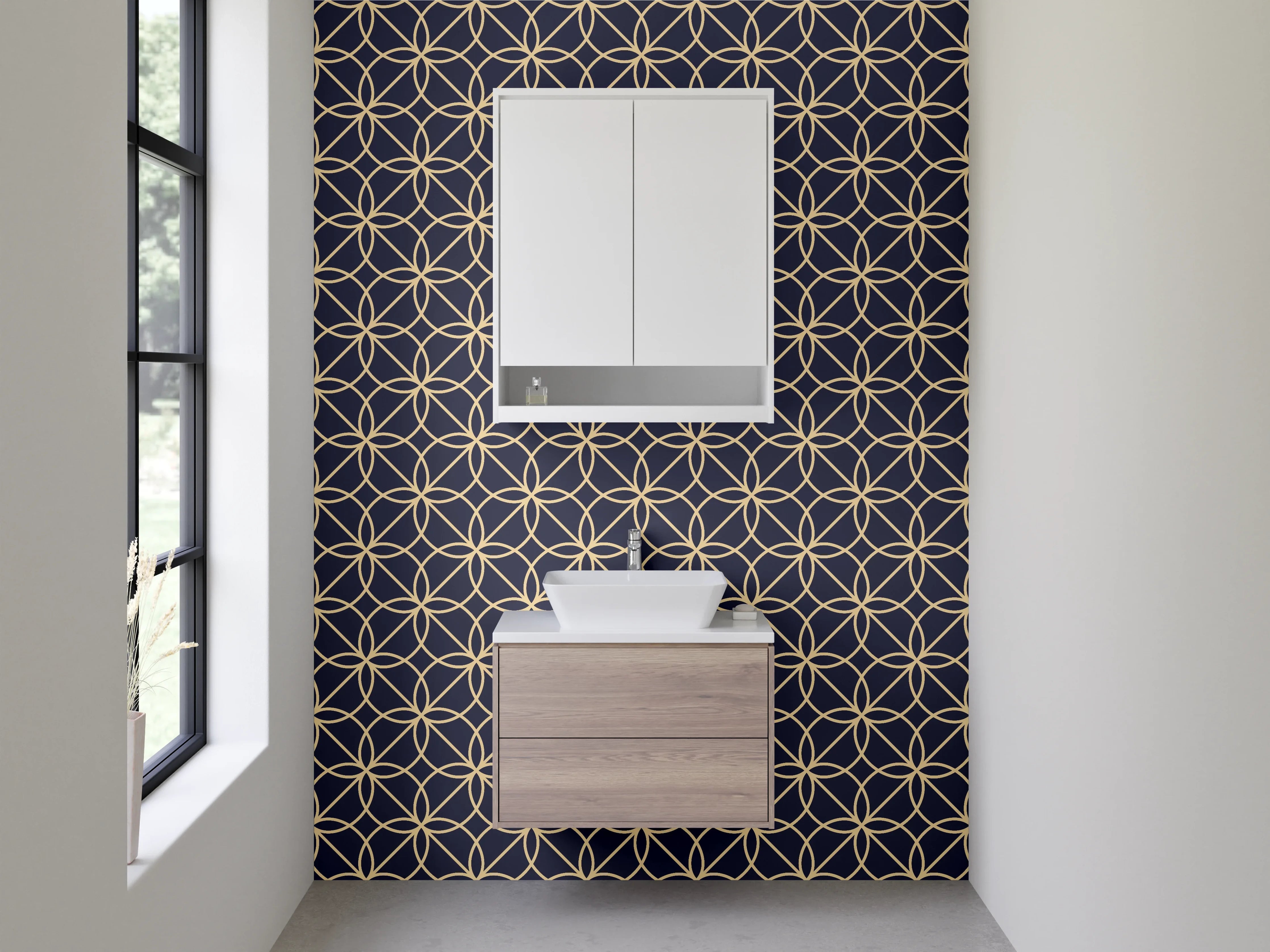 Waschbecken-Rückwand - Geometrisches Retro-Muster in Gold auf Dunkelgrau