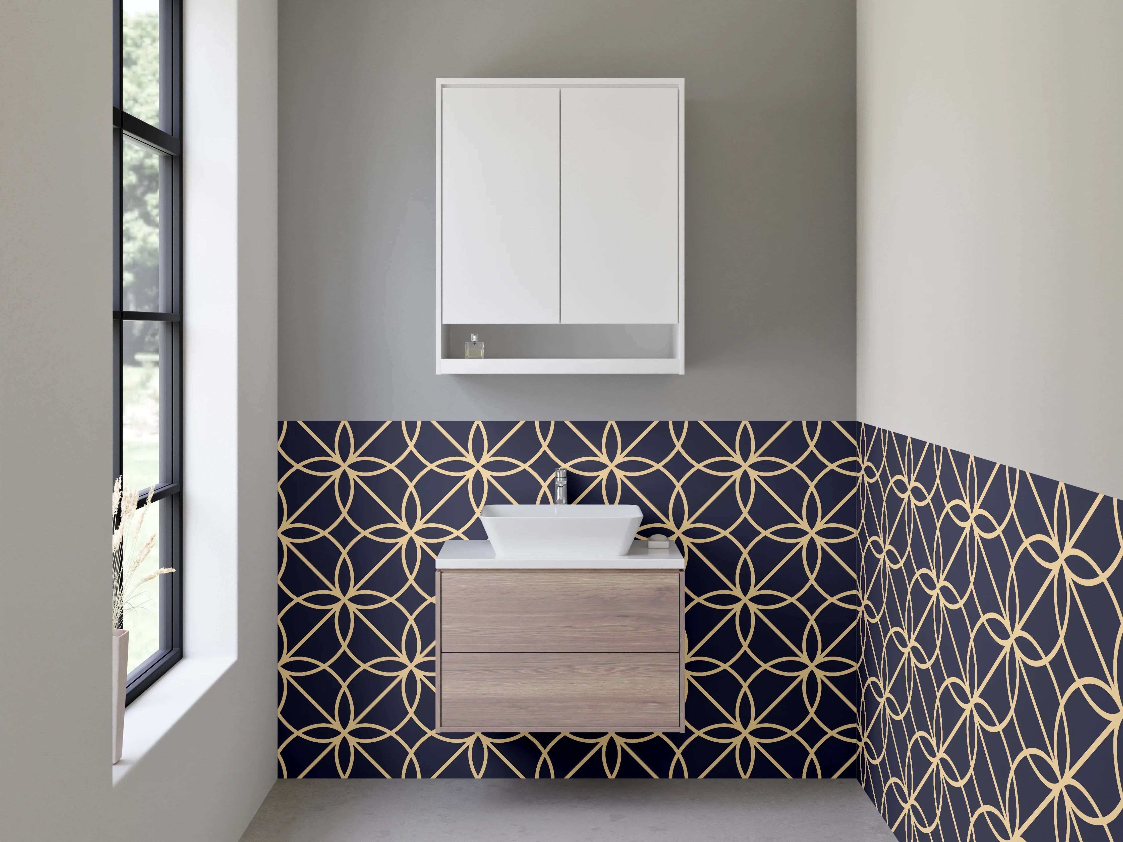 Waschbecken-Rückwand - Geometrisches Retro-Muster in Gold auf Dunkelgrau