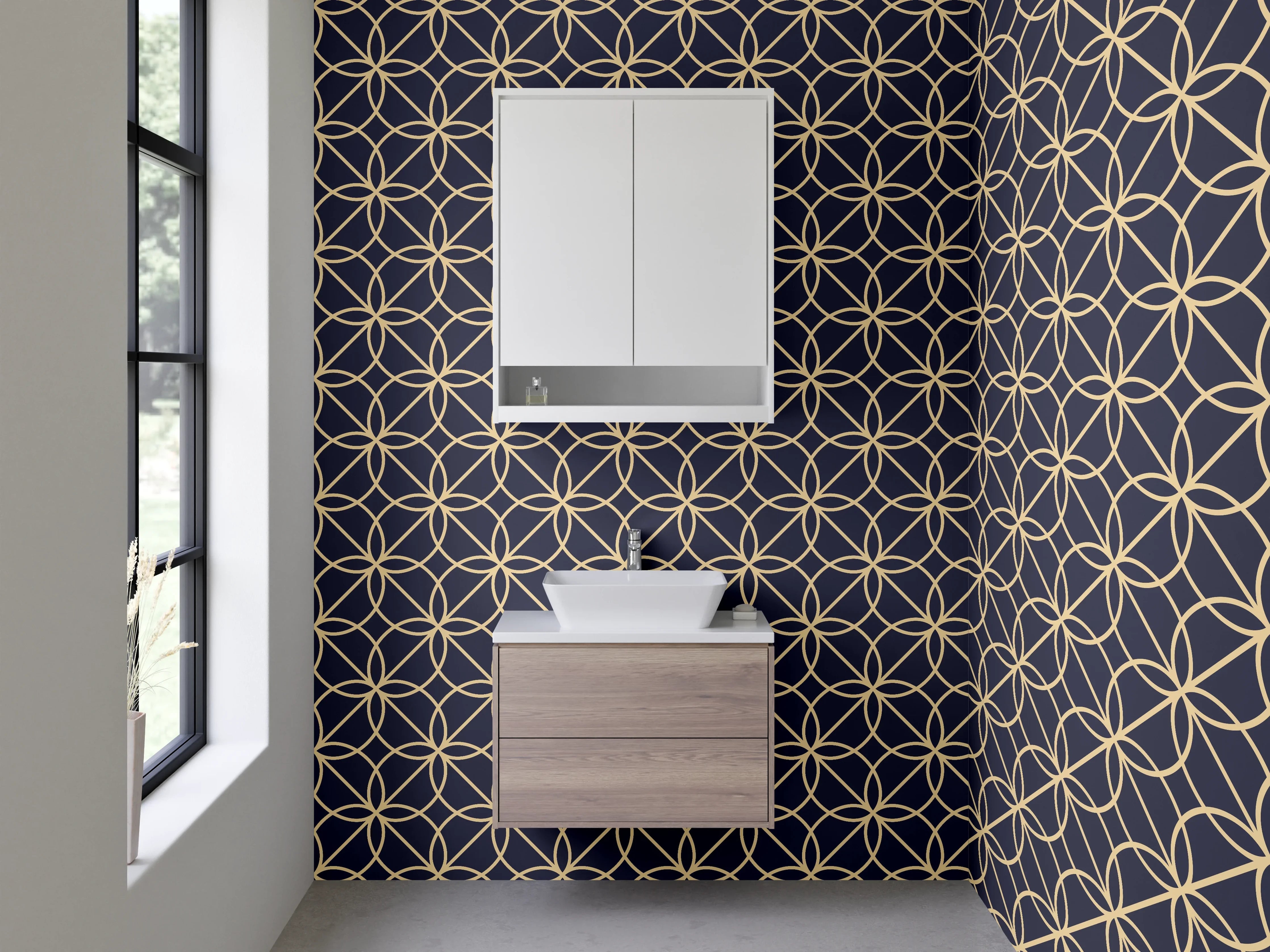 Waschbecken-Rückwand - Geometrisches Retro-Muster in Gold auf Dunkelgrau
