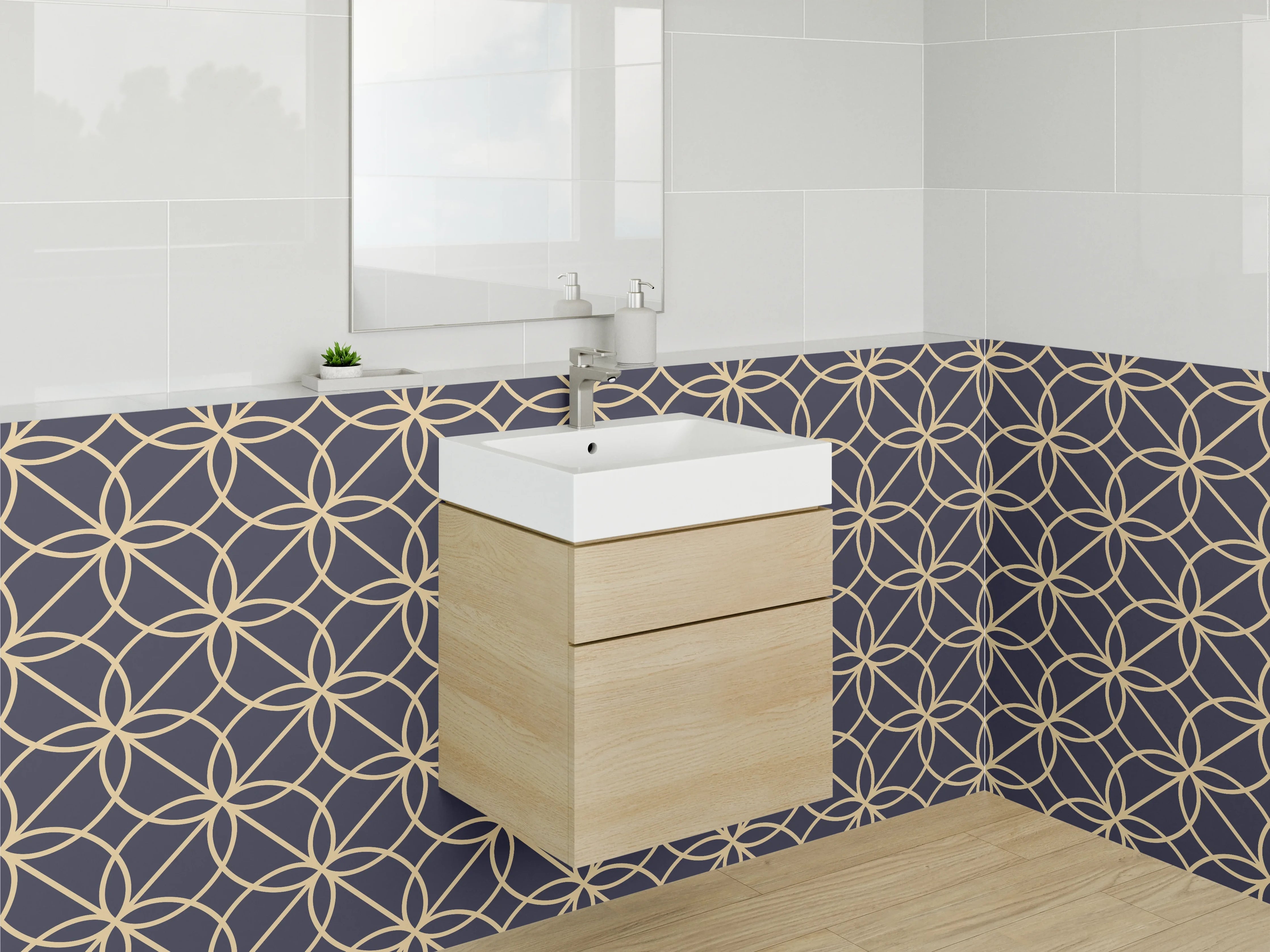 Waschbecken-Rückwand - Geometrisches Retro-Muster in Gold auf Dunkelgrau