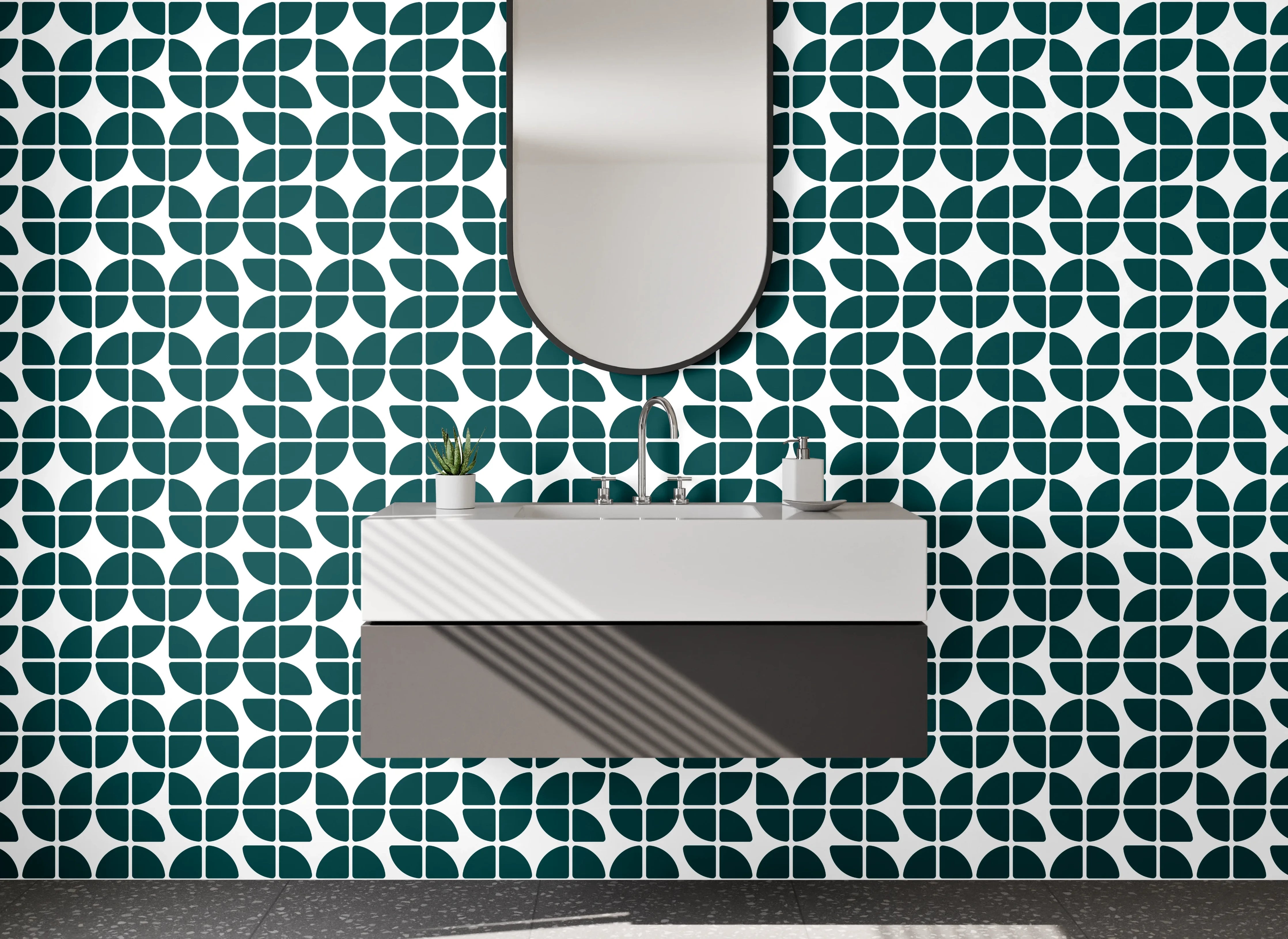 Waschbecken-Rückwand - Geometrisches Retro-Muster in Grün-Weiß