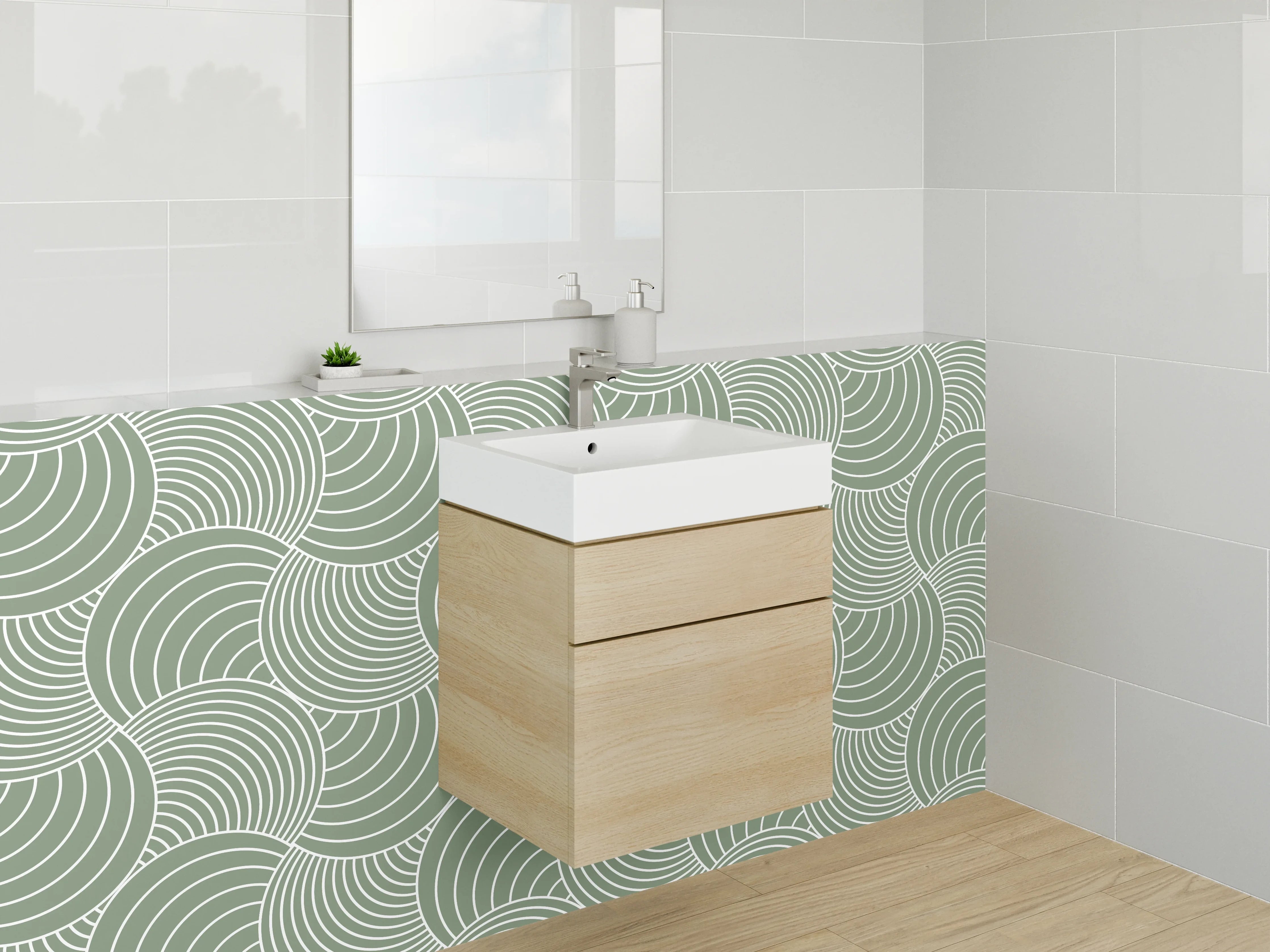 Waschbecken-Rückwand - Geometrisches Retro-Wellenmuster Grün Weiß