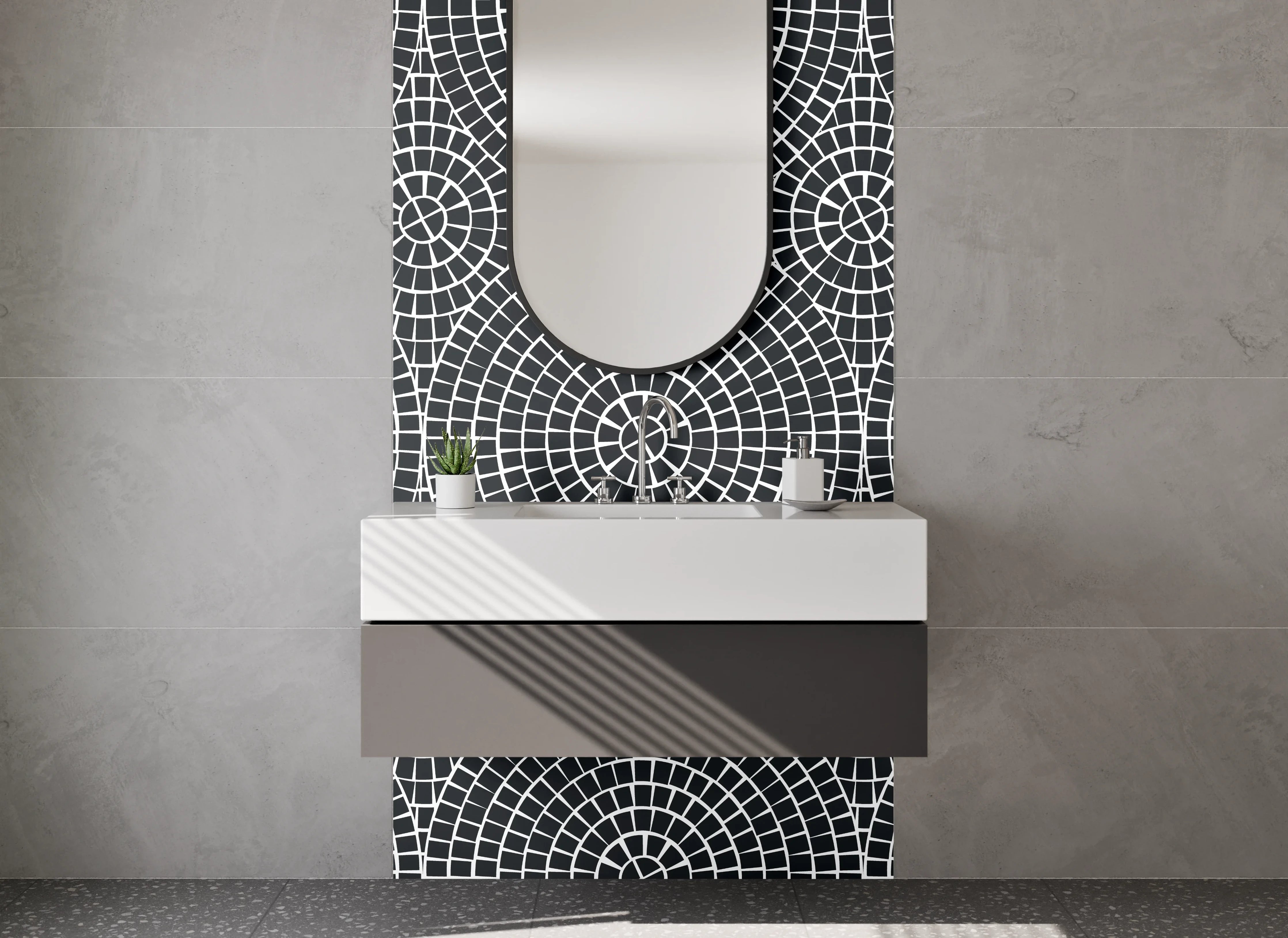 Waschbecken-Rückwand - Geometrisches Schwarz-Weiß Kreismuster Retro