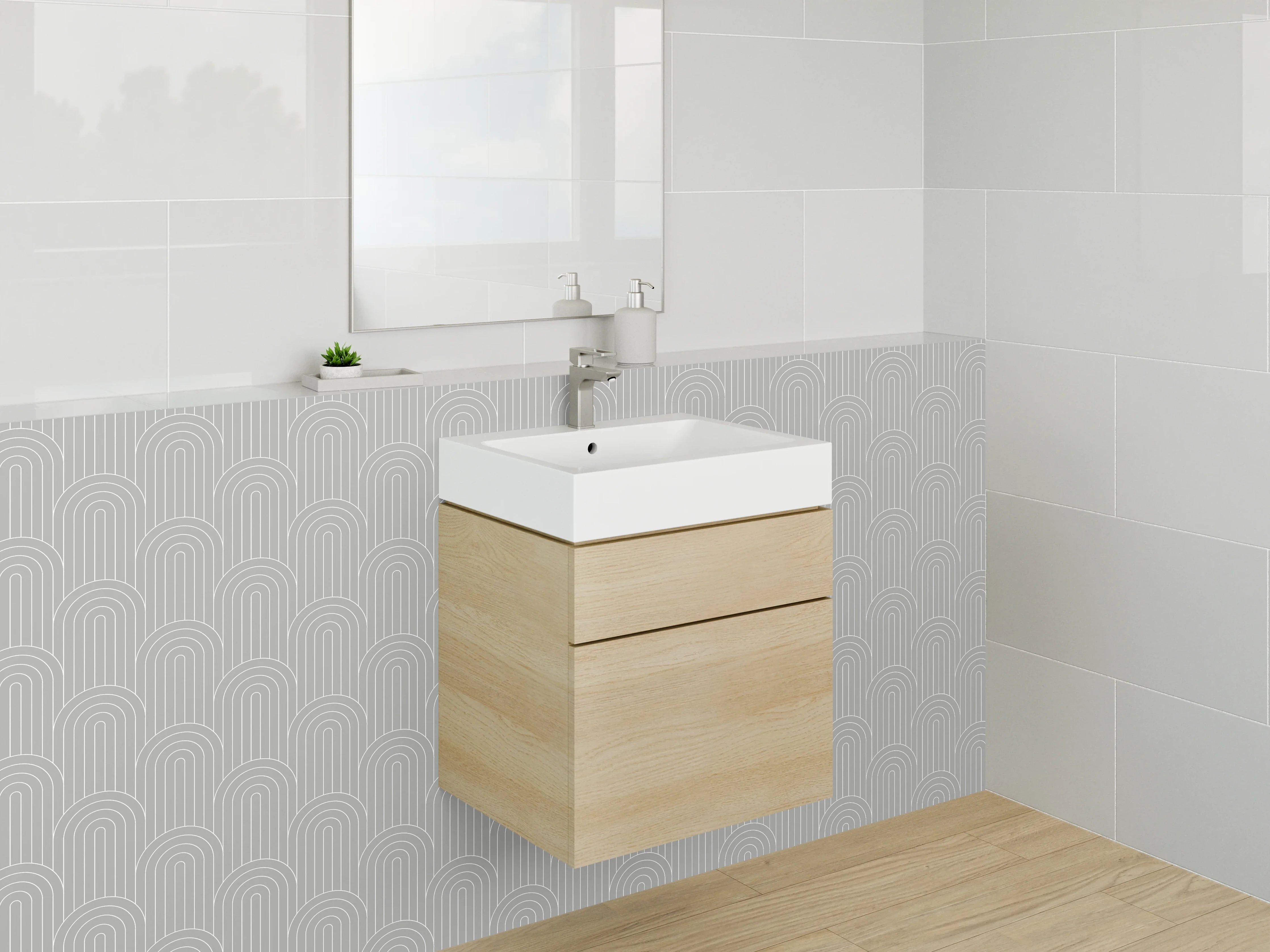 Waschbecken-Rückwand - Geometrisches Streifenmuster Weiß Grau