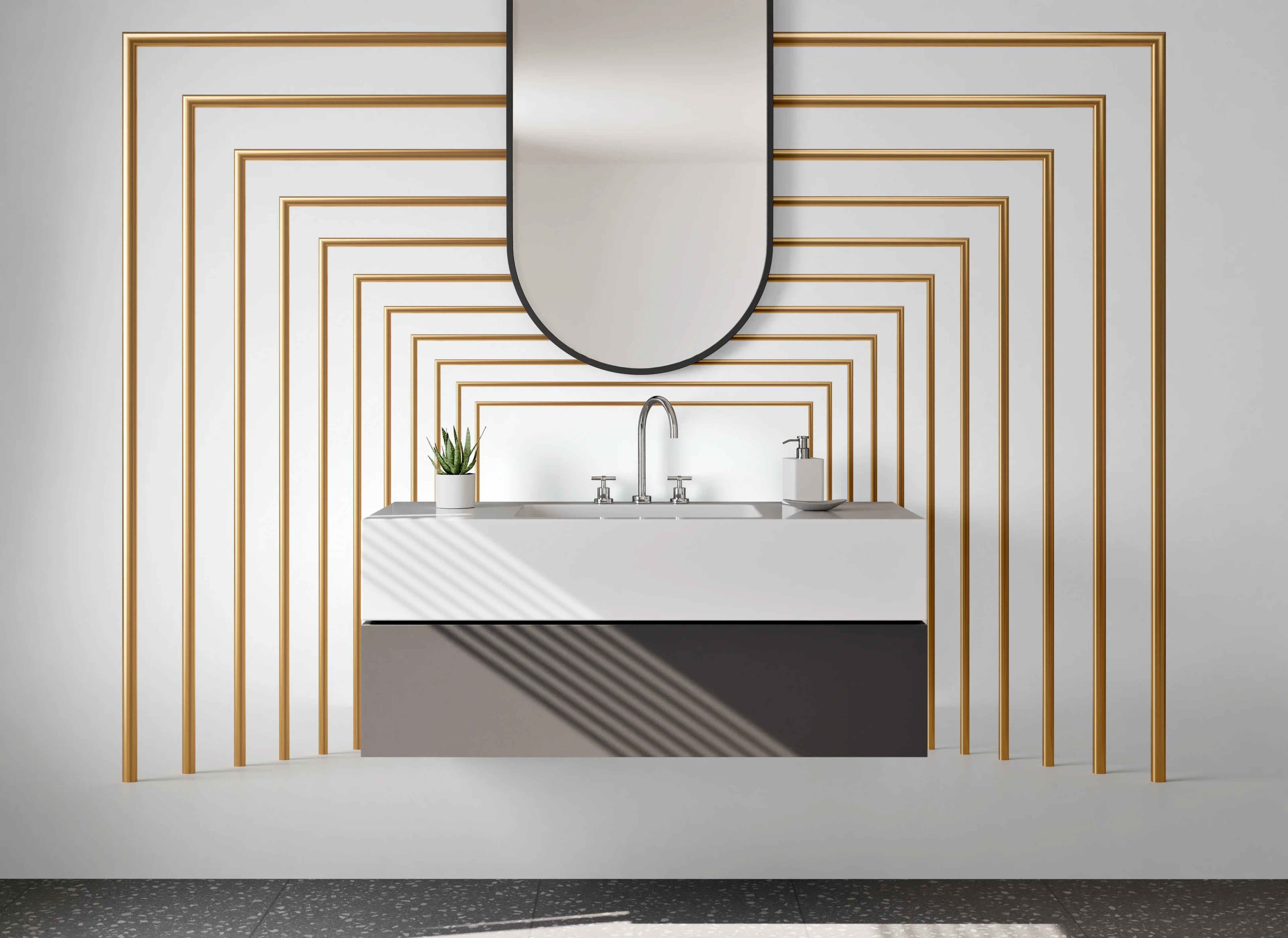Waschbecken-Rückwand - Geometrisches Tor in Weiß und Gold