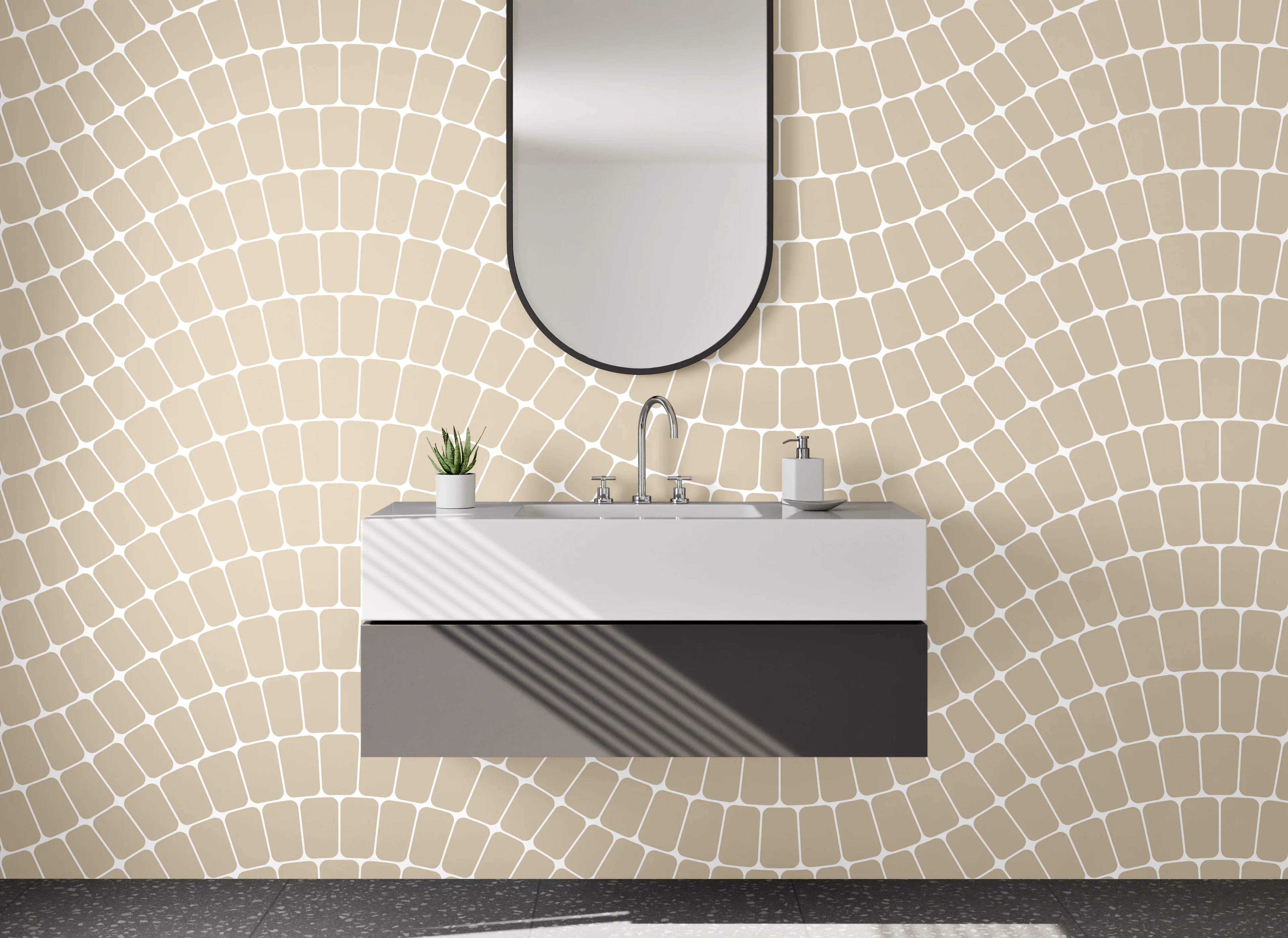 Waschbecken-Rückwand - Geometrisches Wellenmuster Beige Modern