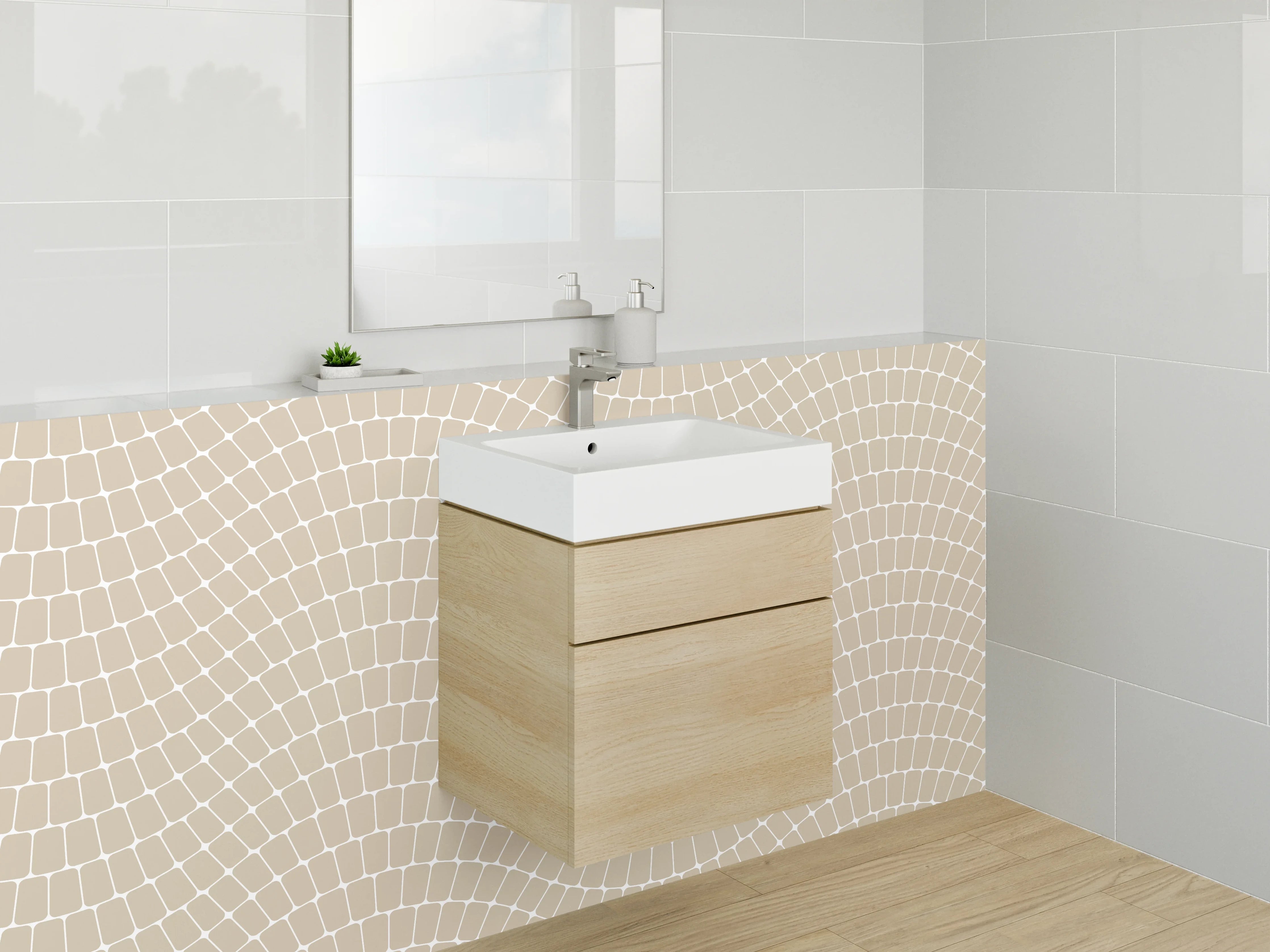 Waschbecken-Rückwand - Geometrisches Wellenmuster Beige Modern