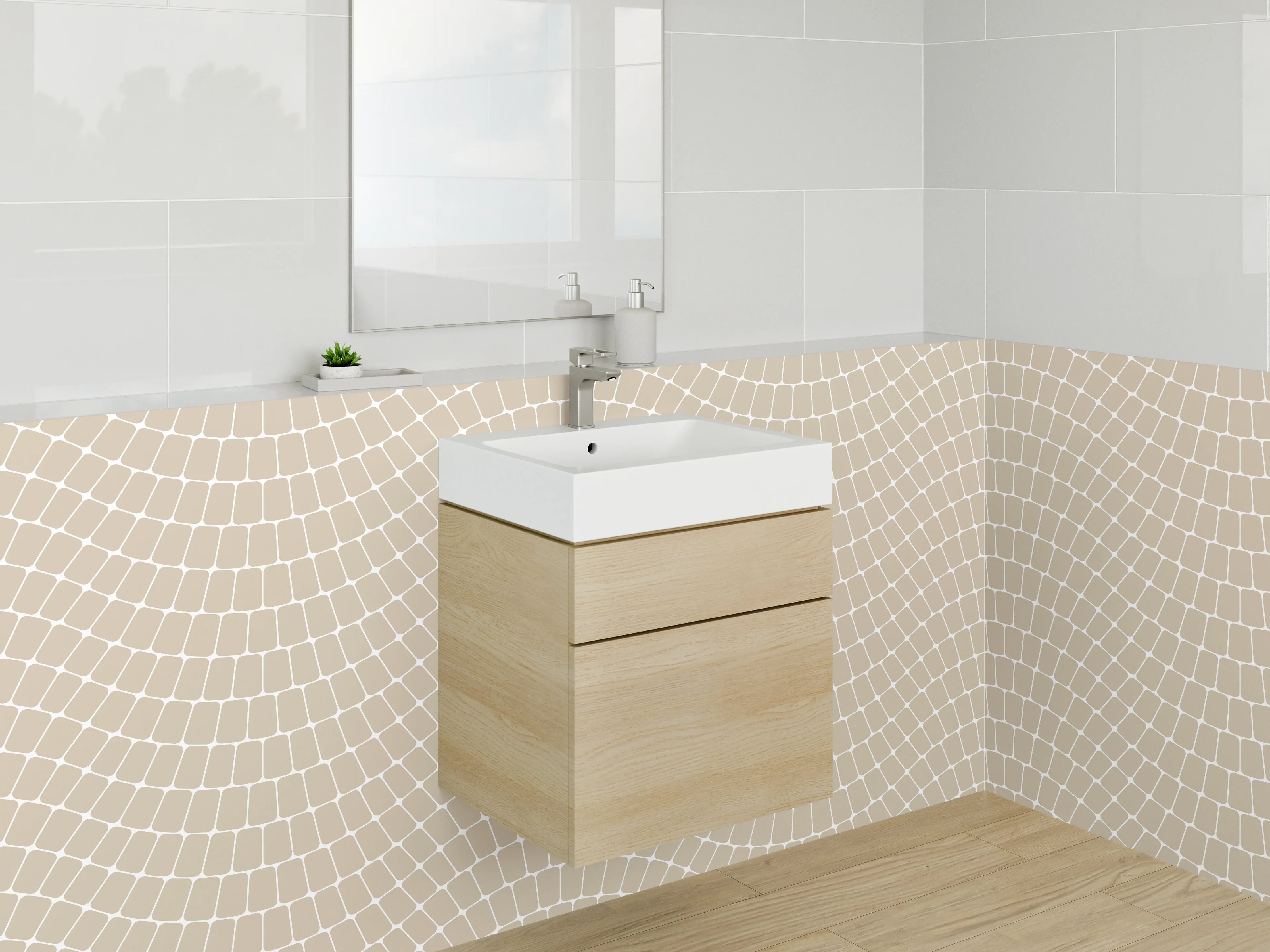 Waschbecken-Rückwand - Geometrisches Wellenmuster Beige Modern