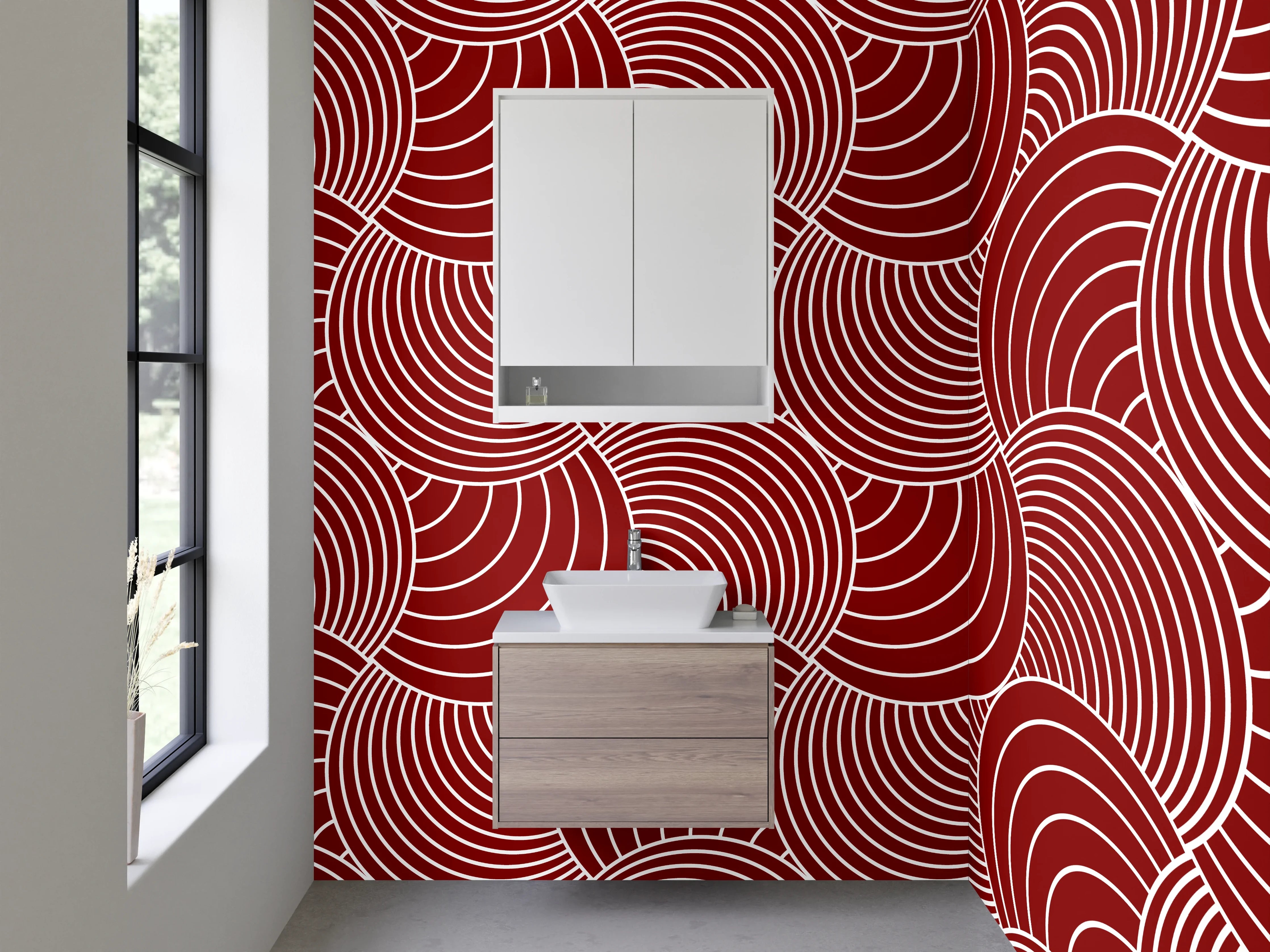 Waschbecken-Rückwand - Geometrisches Wellenmuster Rot Weiß