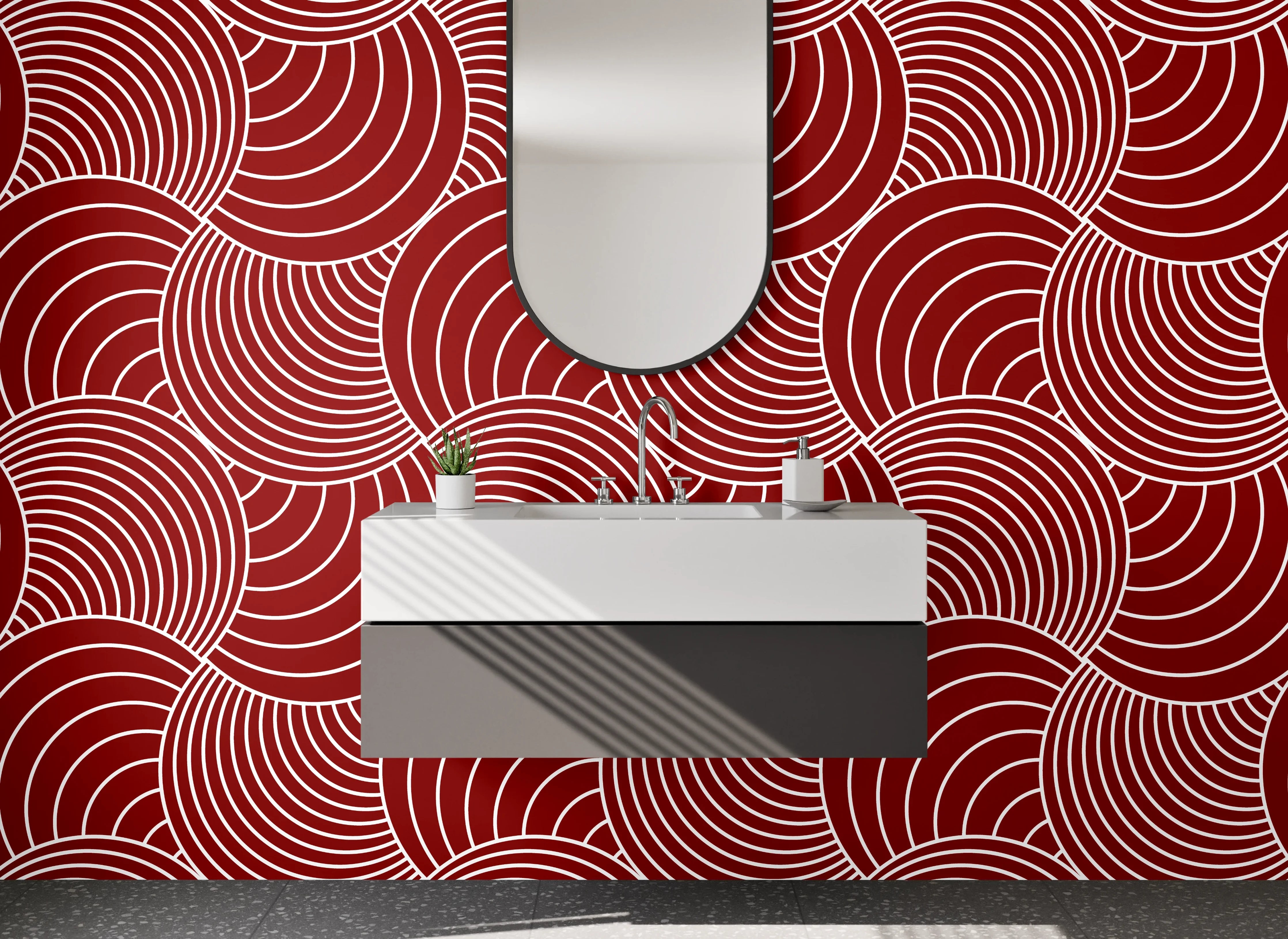 Waschbecken-Rückwand - Geometrisches Wellenmuster Rot Weiß