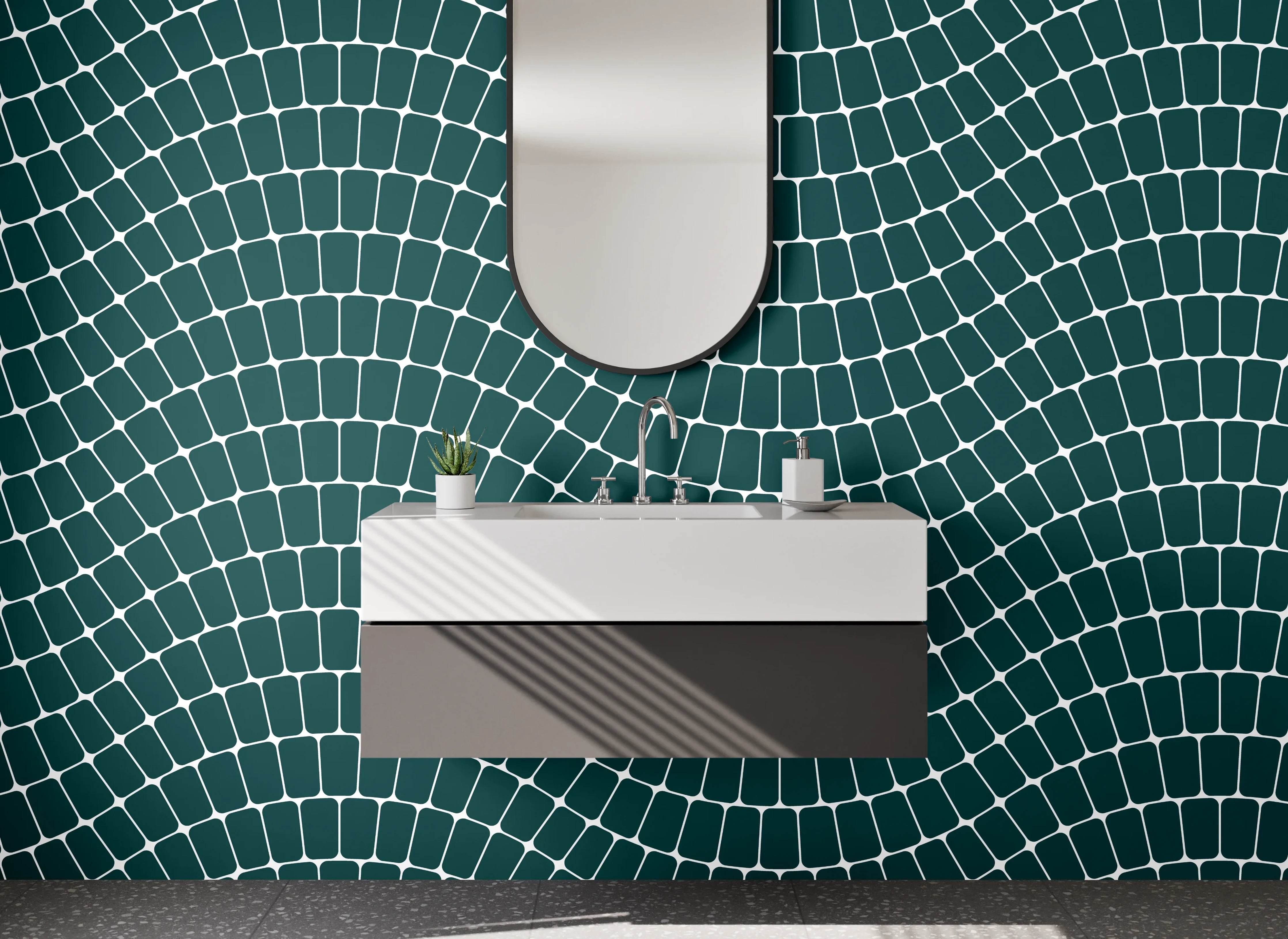 Waschbecken-Rückwand - Geometrisches Wellenmuster Weiß Grün