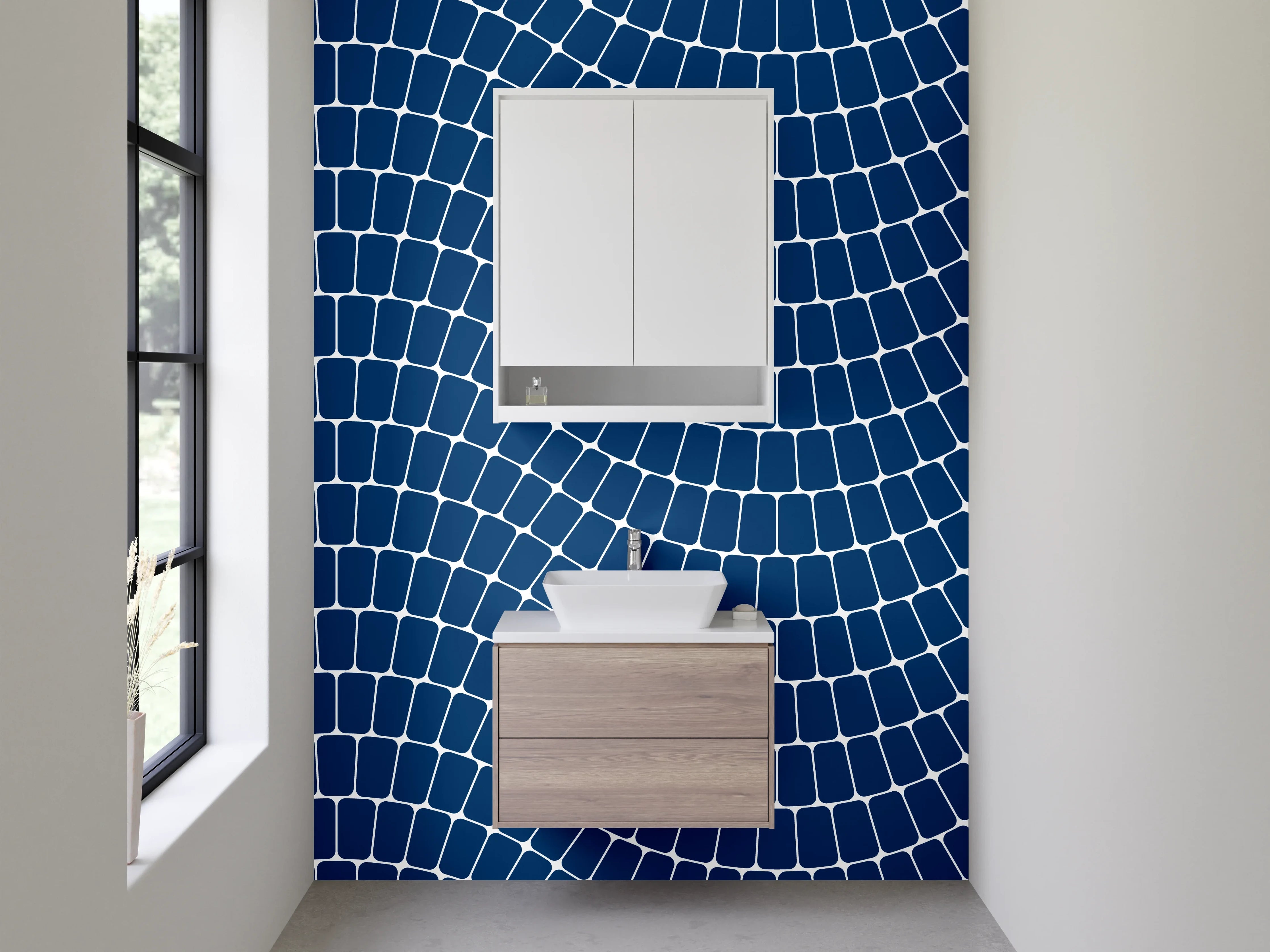 Waschbecken-Rückwand - Geometrisches Wellenmuster blau-weiß