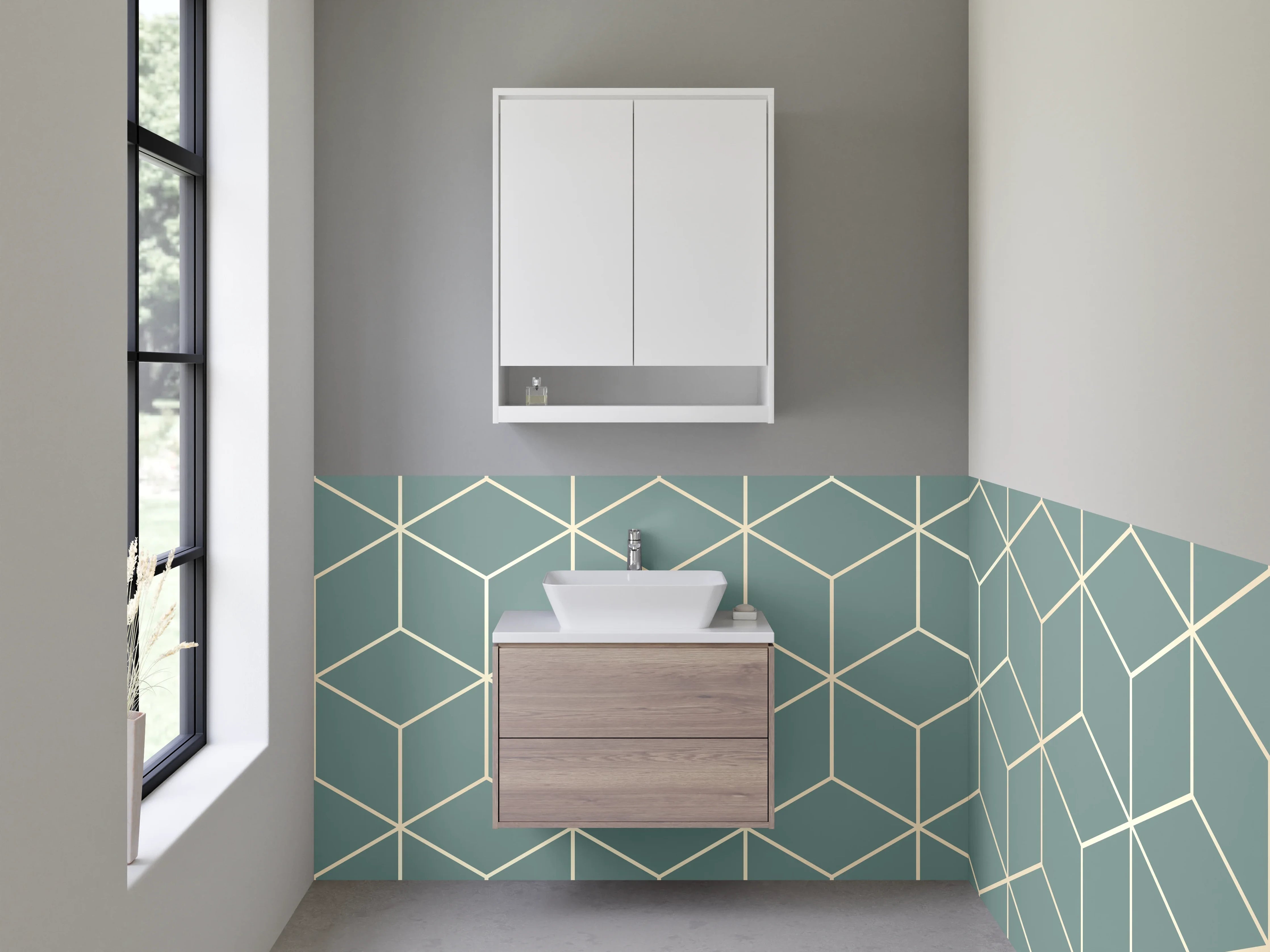 Waschbecken-Rückwand - Geometrisches Würfelmuster blau-grau