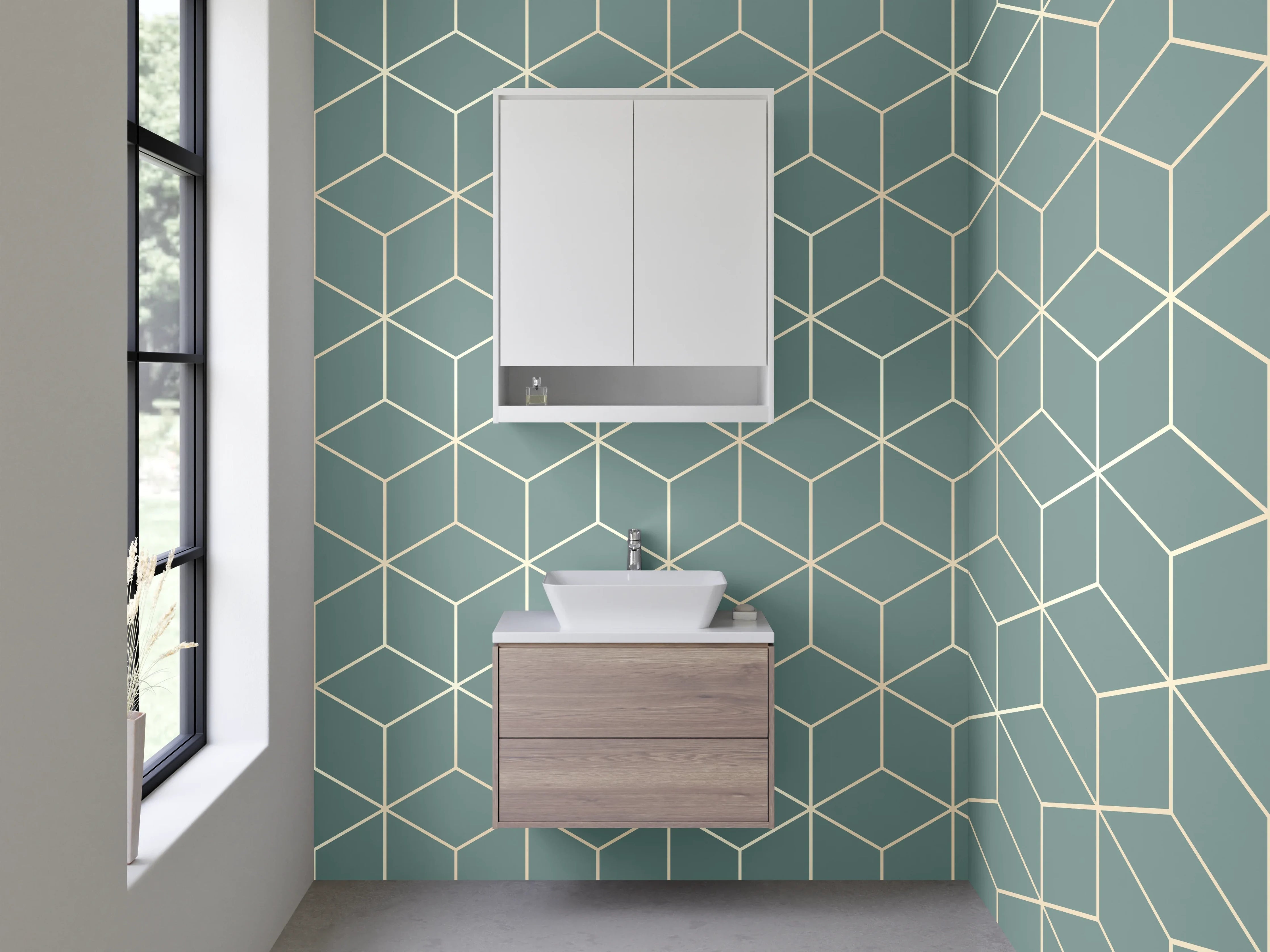 Waschbecken-Rückwand - Geometrisches Würfelmuster blau-grau