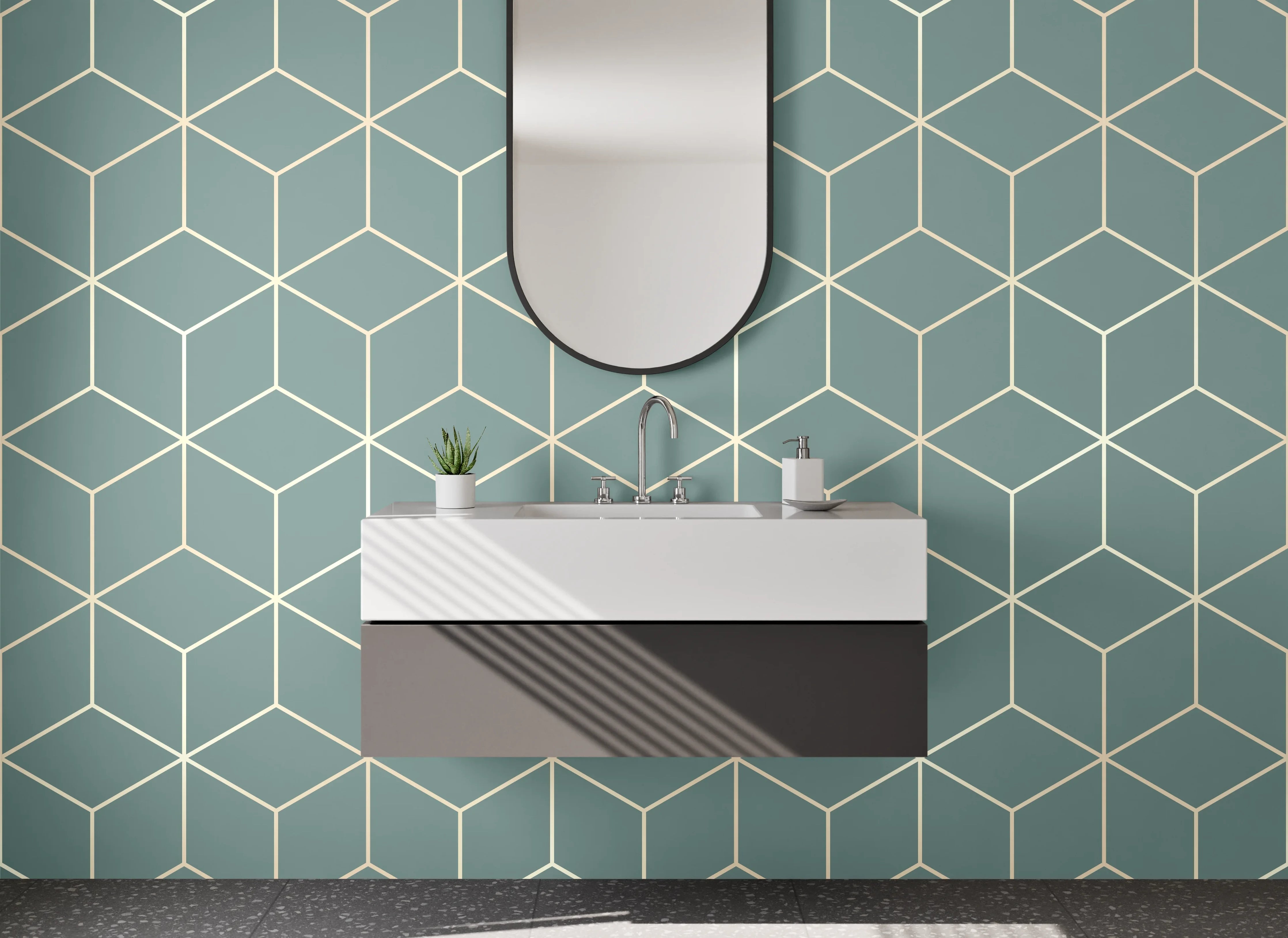 Waschbecken-Rückwand - Geometrisches Würfelmuster blau-grau