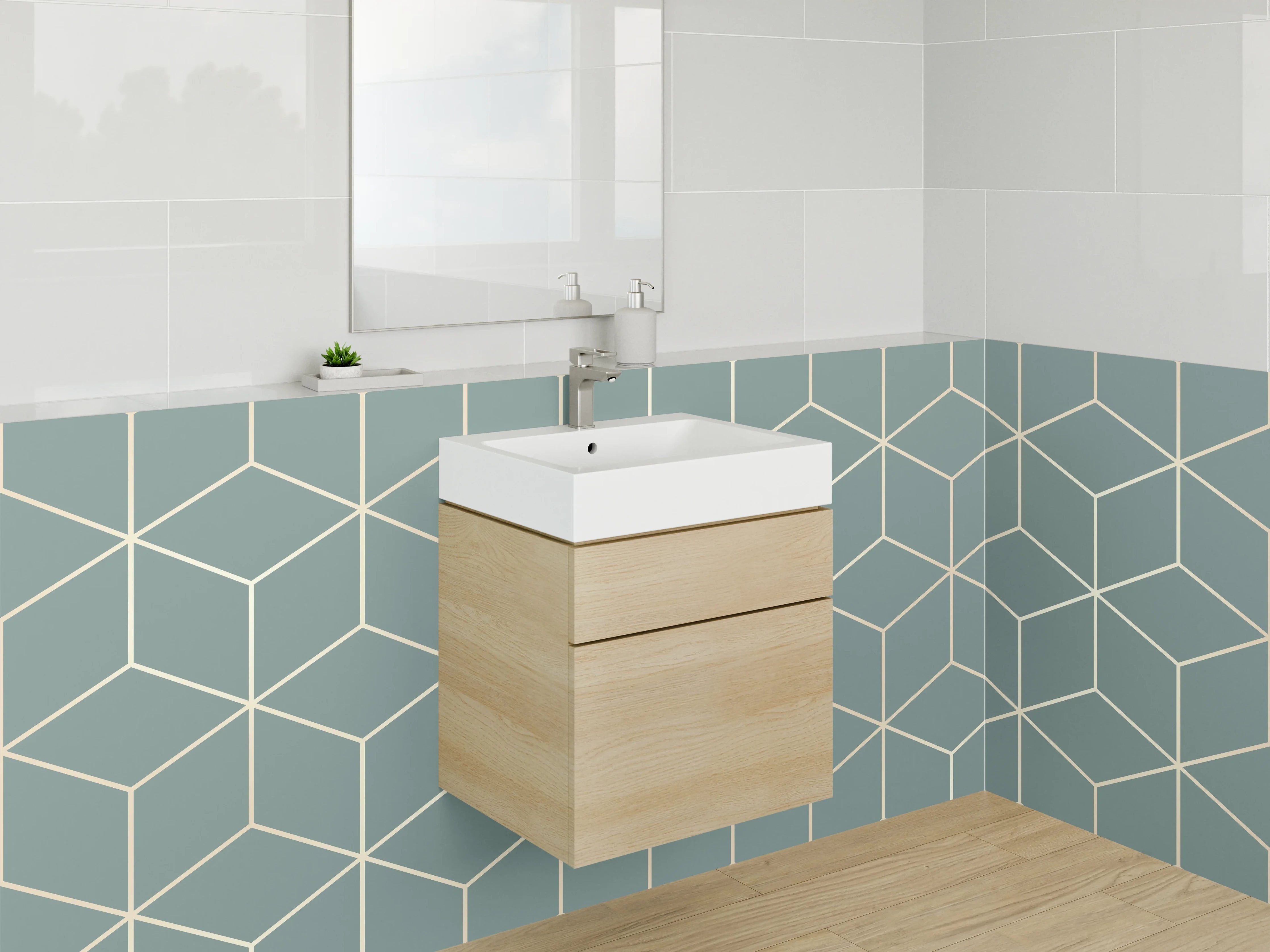 Waschbecken-Rückwand - Geometrisches Würfelmuster blau-grau