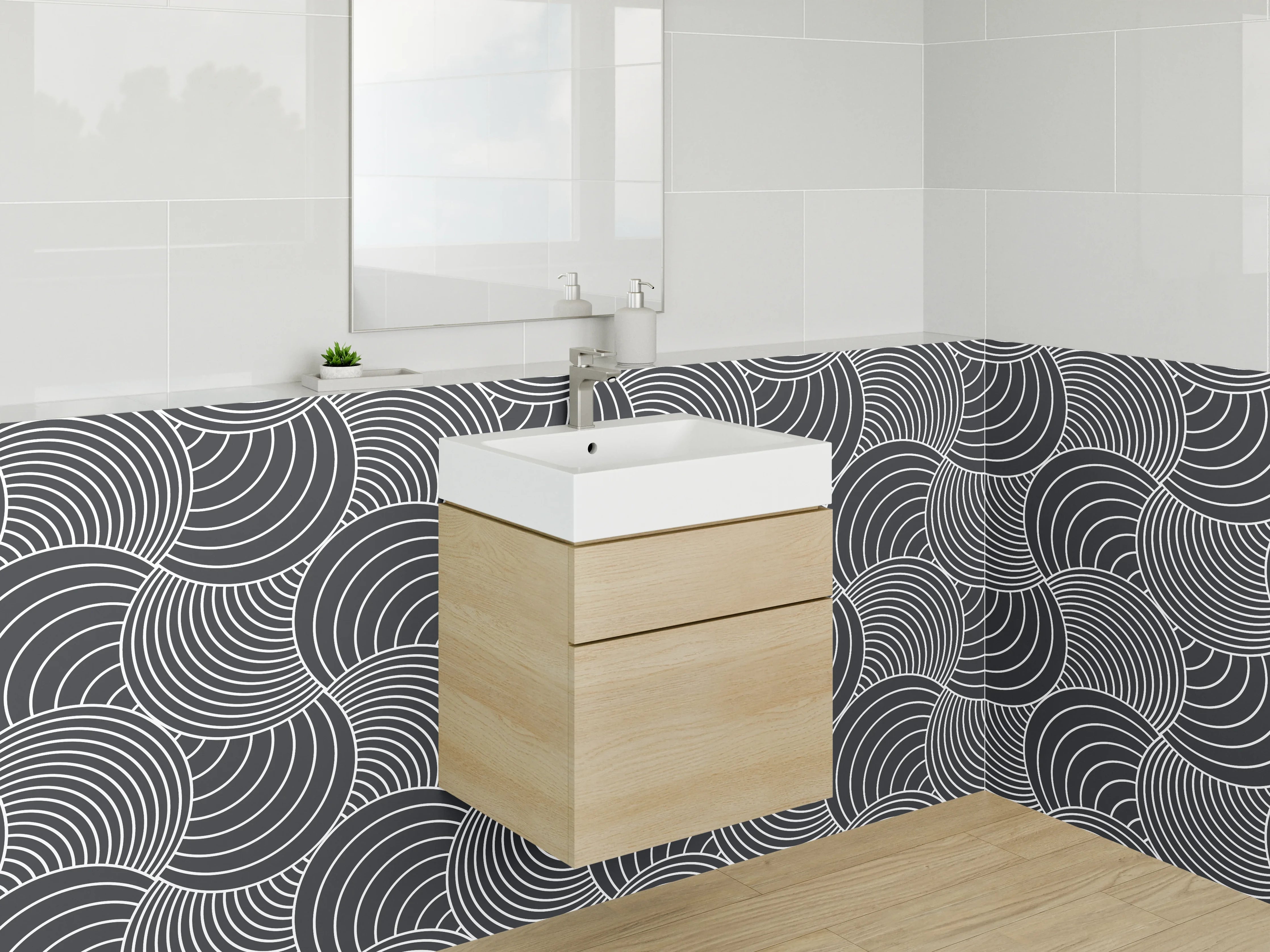 Waschbecken-Rückwand - Geometrisches schwarz-weiß Wellenmuster