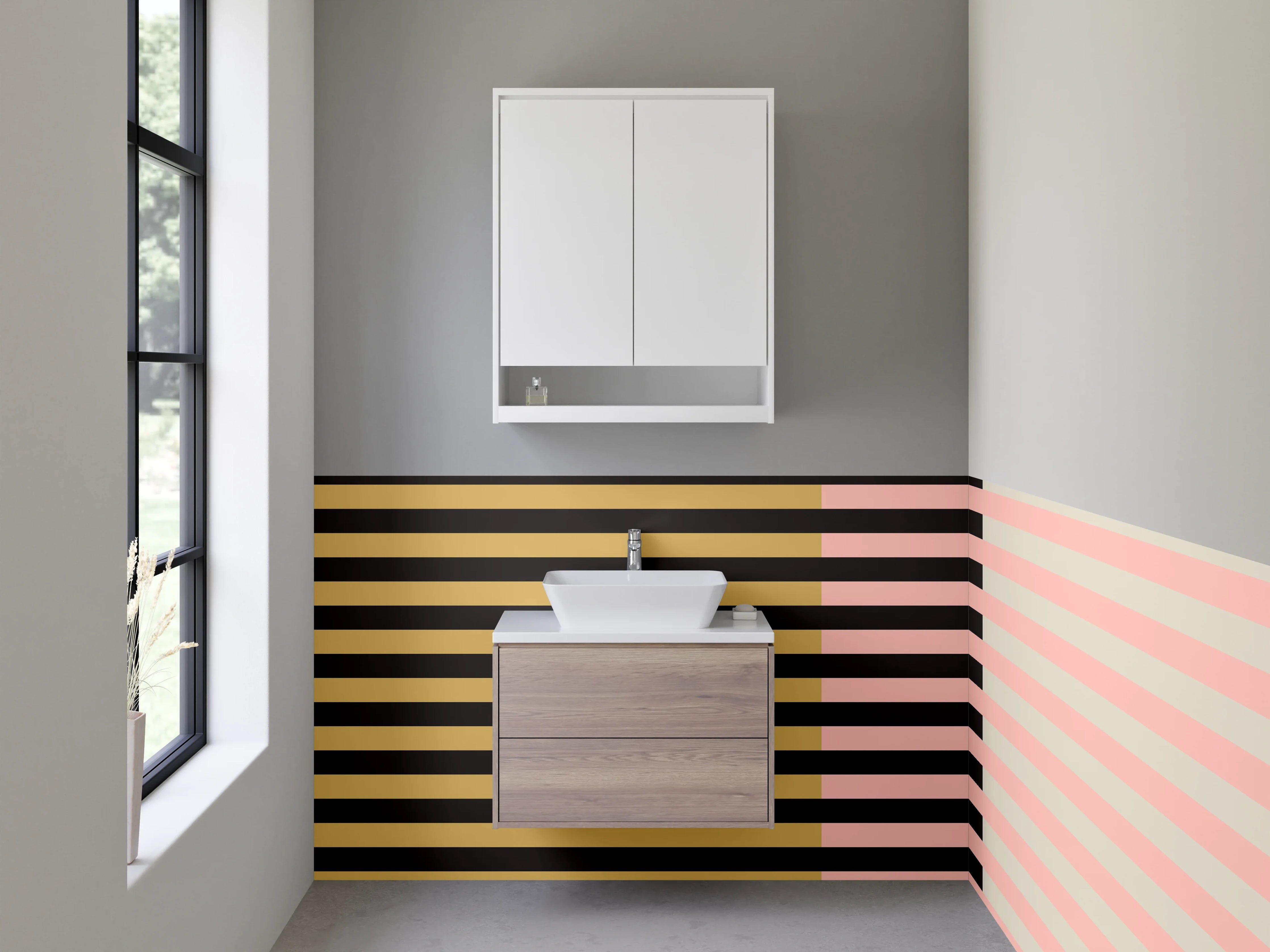 Waschbecken-Rückwand - Gestreifte Muster in Braun und Rosa mit schwarzen Akzenten