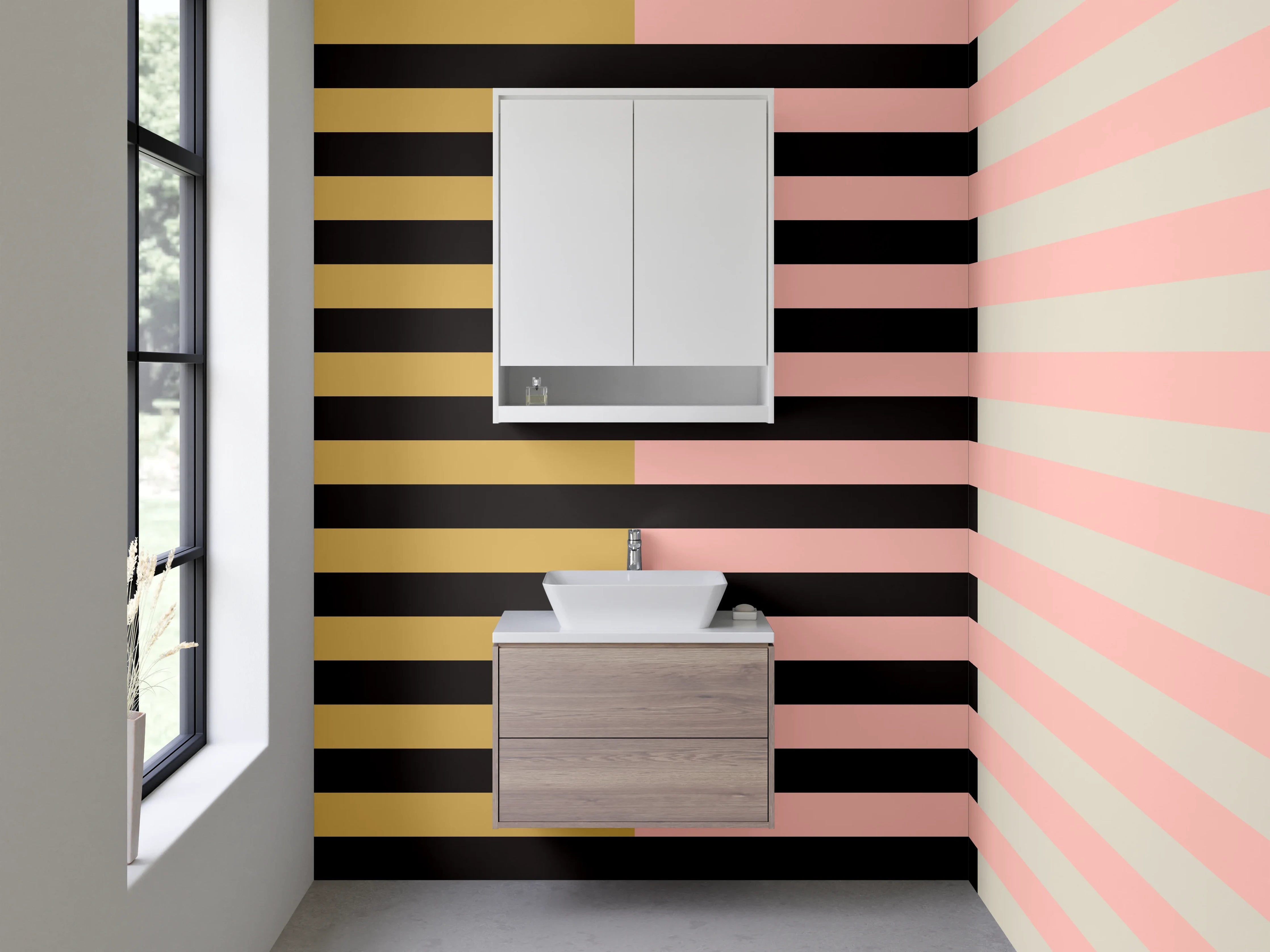 Waschbecken-Rückwand - Gestreifte Muster in Braun und Rosa mit schwarzen Akzenten