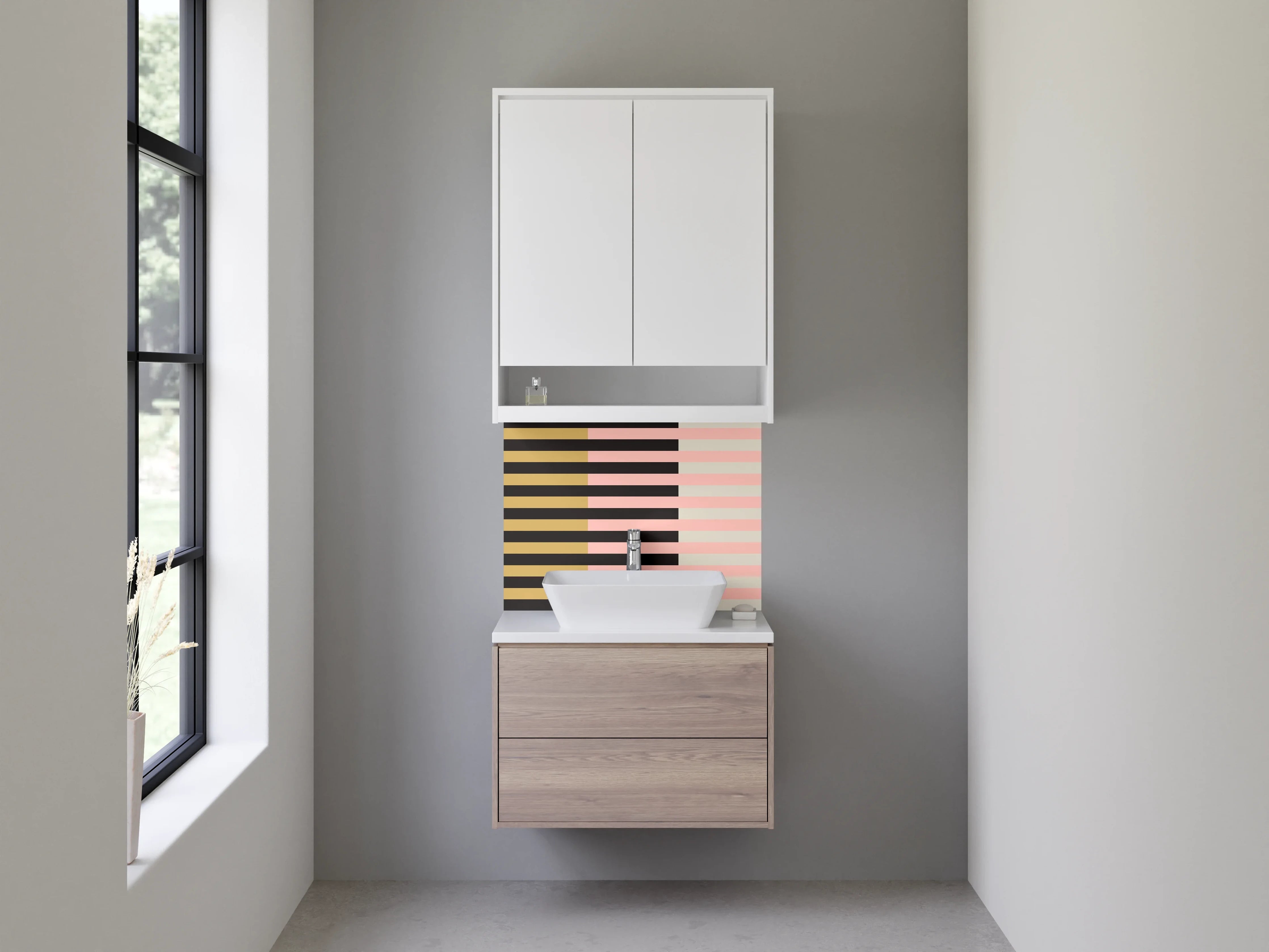 Waschbecken-Rückwand - Gestreifte Muster in Braun und Rosa mit schwarzen Akzenten