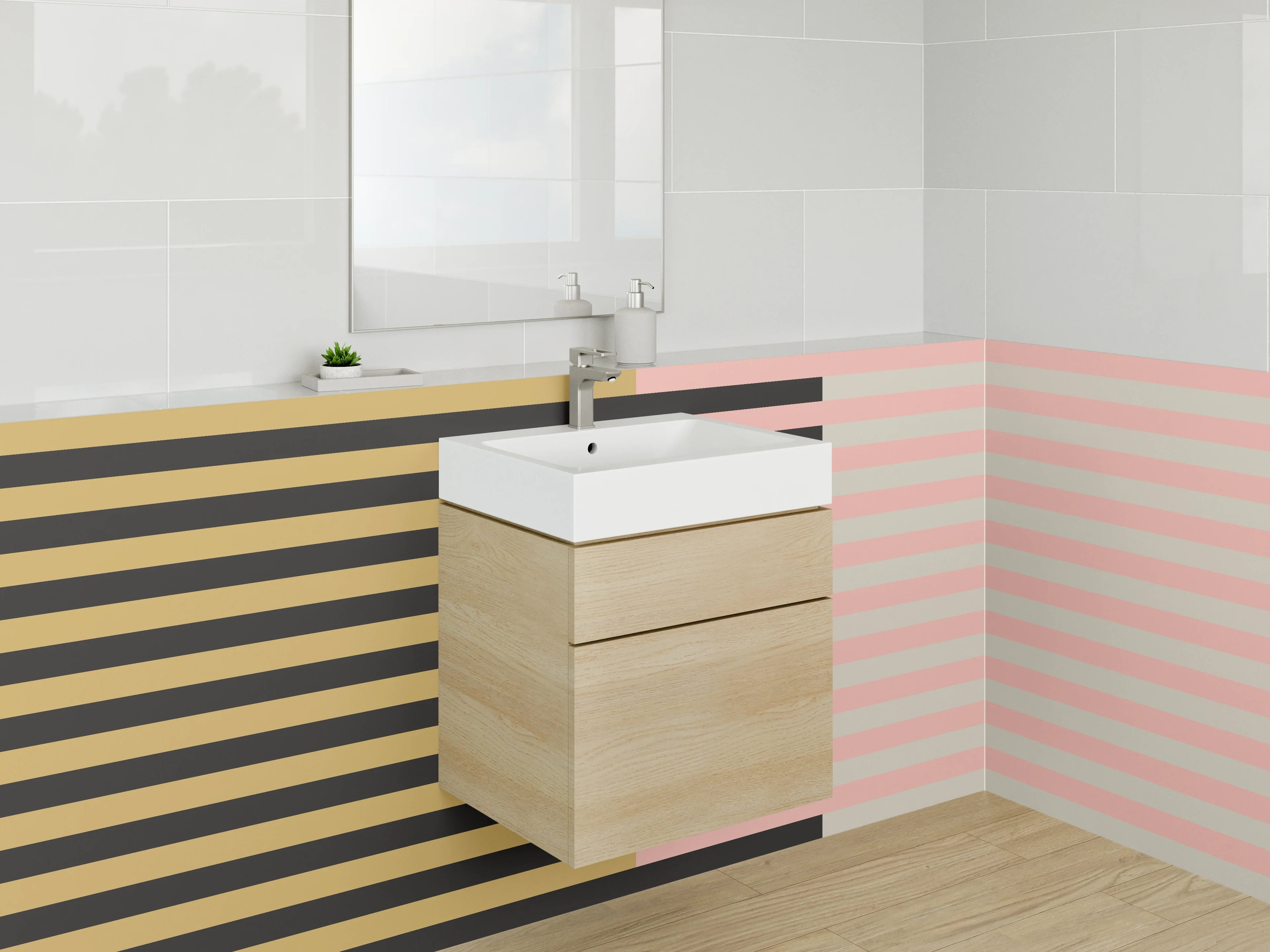 Waschbecken-Rückwand - Gestreifte Muster in Braun und Rosa mit schwarzen Akzenten