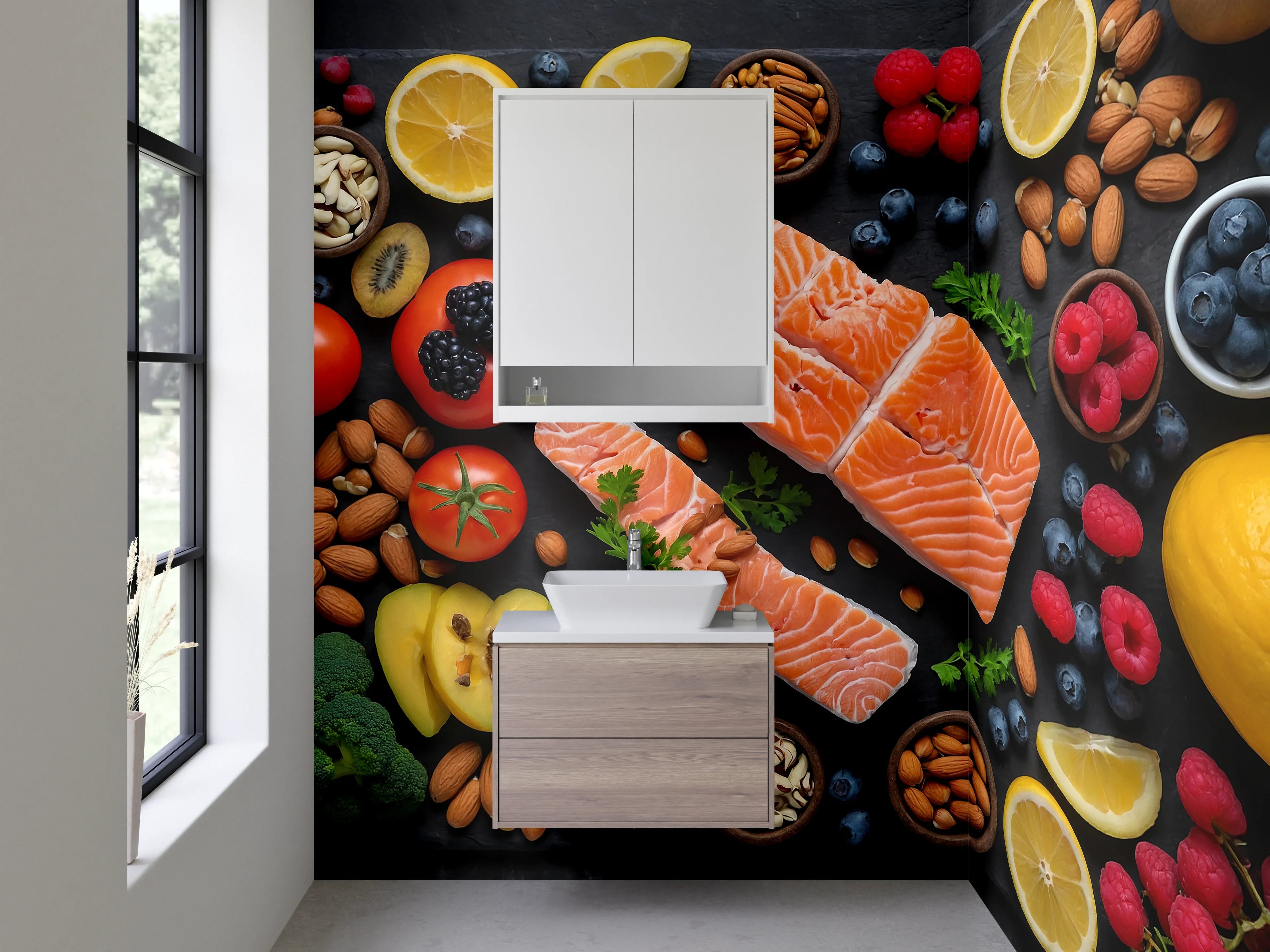Waschbecken-Rückwand - Gesunde Küche – Lachs und Superfoods