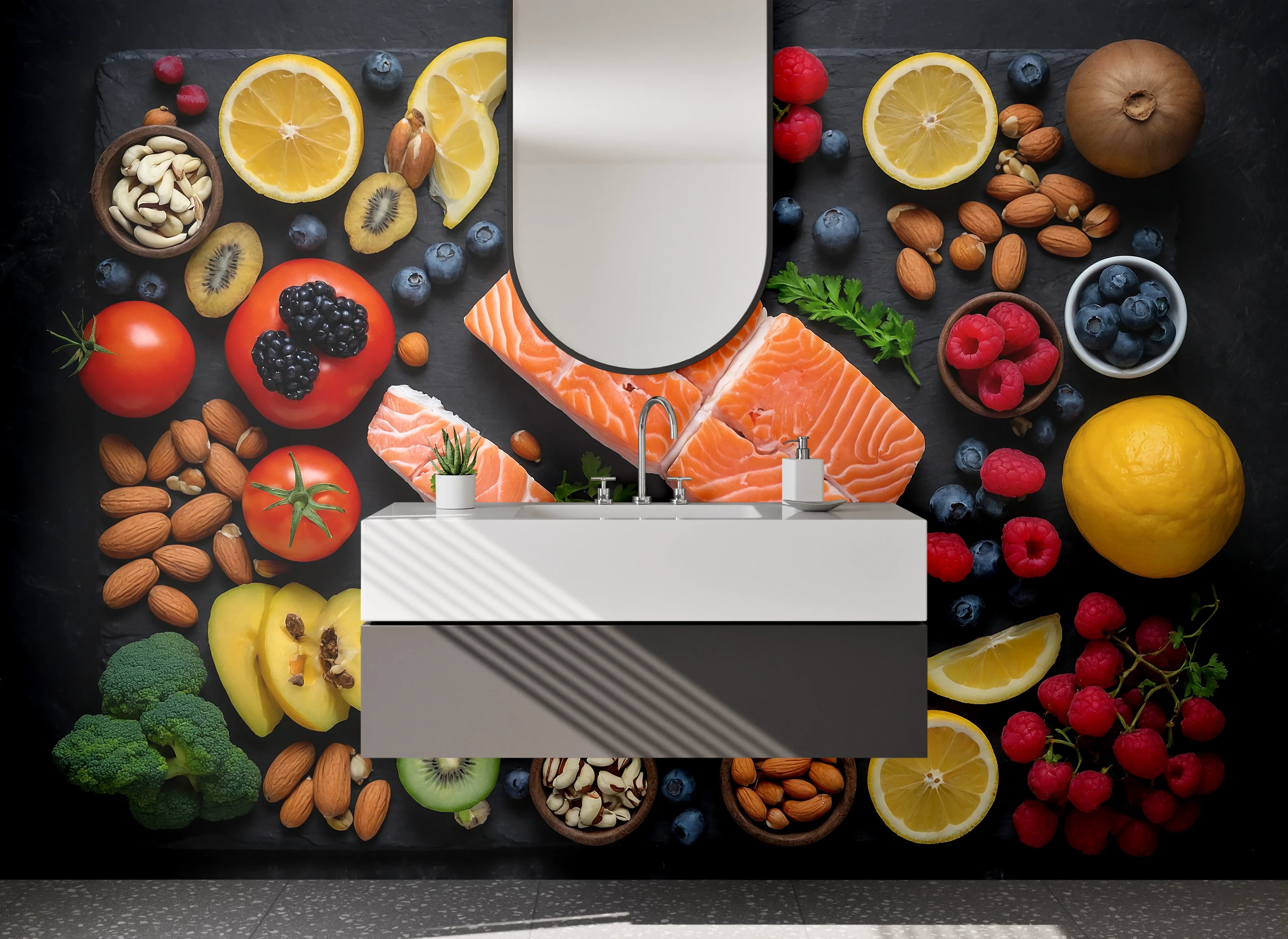 Waschbecken-Rückwand - Gesunde Küche – Lachs und Superfoods
