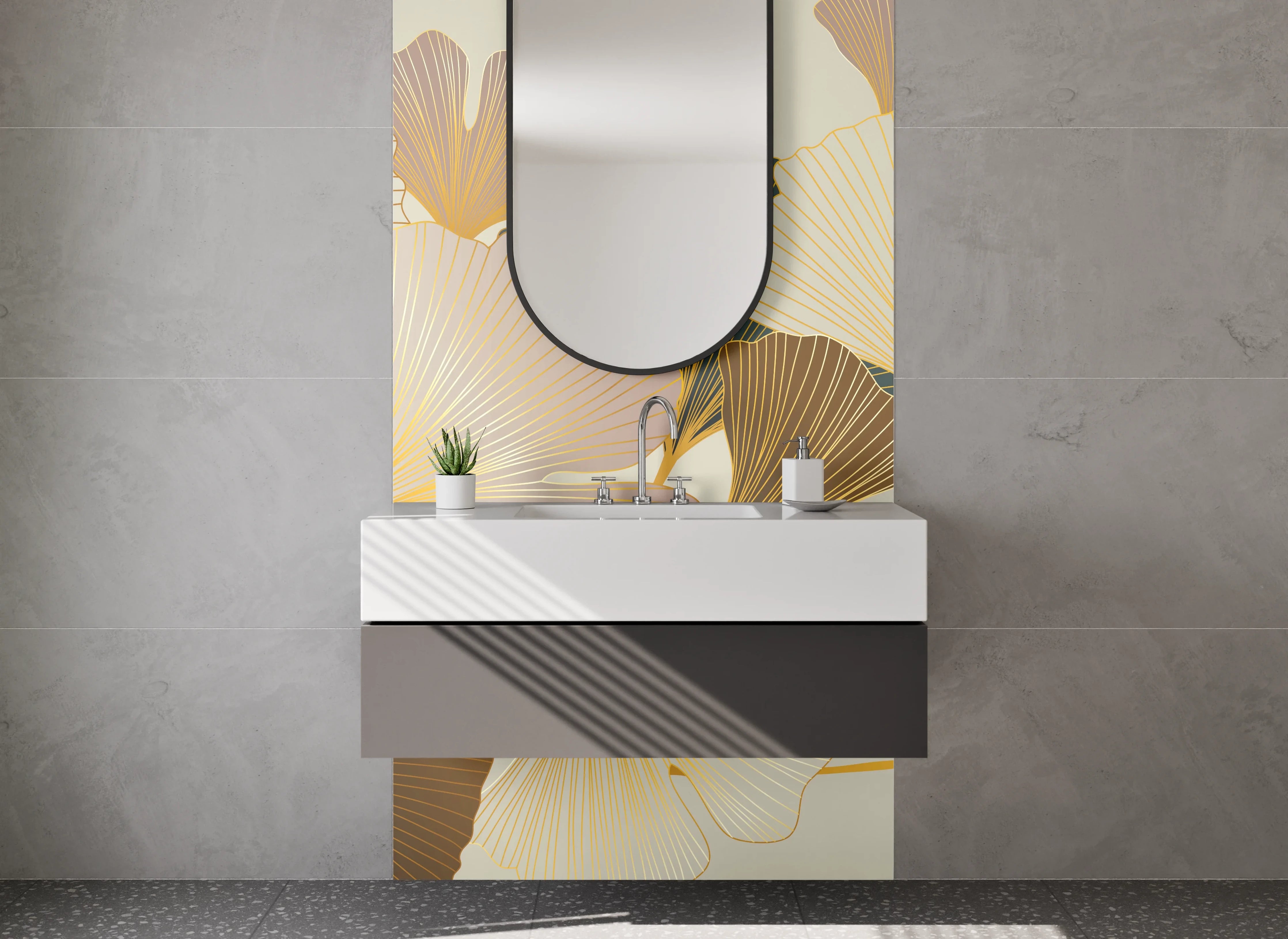 Waschbecken-Rückwand - Ginkgo-Blätter Art Deco Illustration
