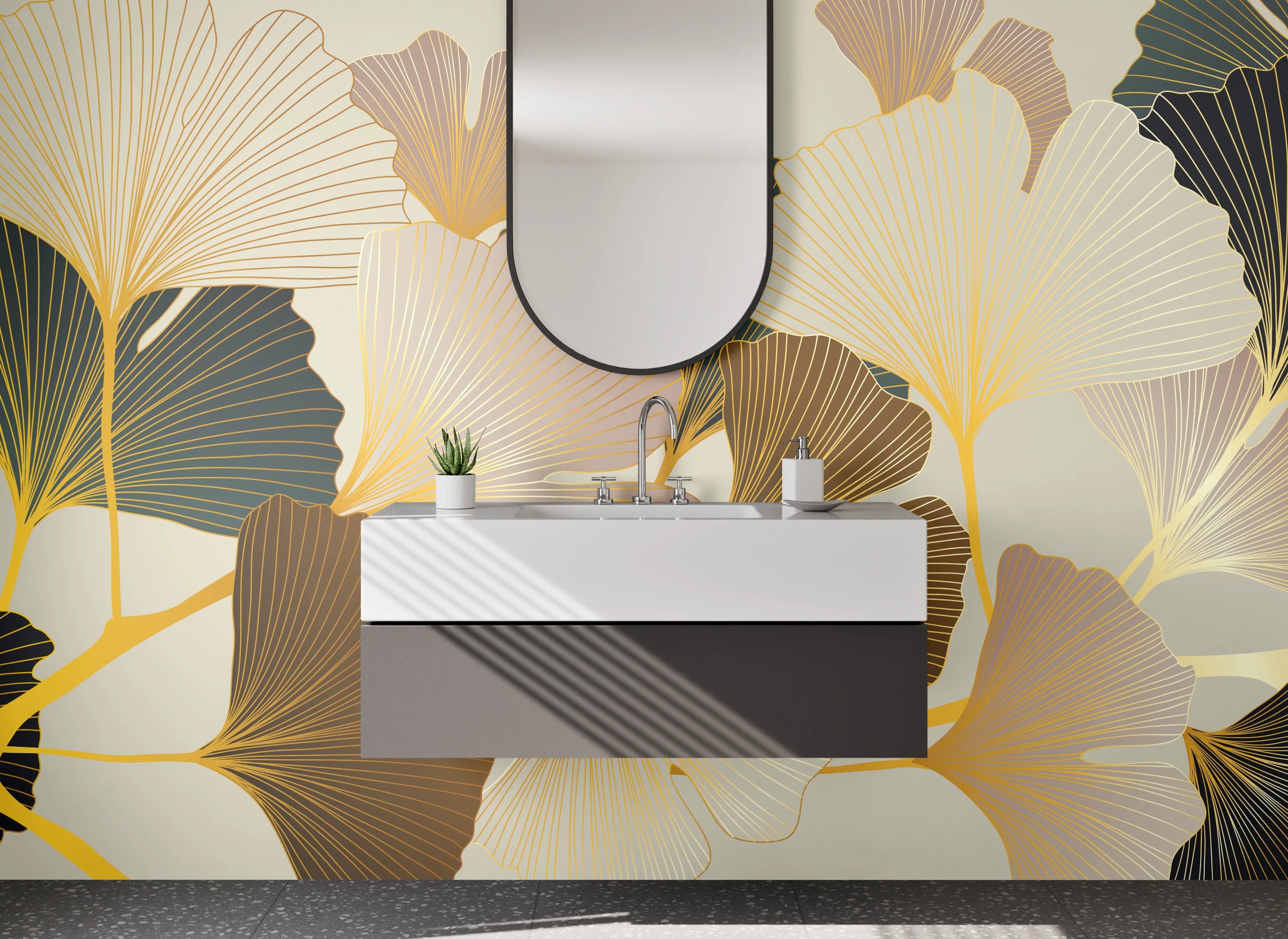 Waschbecken-Rückwand - Ginkgo-Blätter Art Deco Illustration