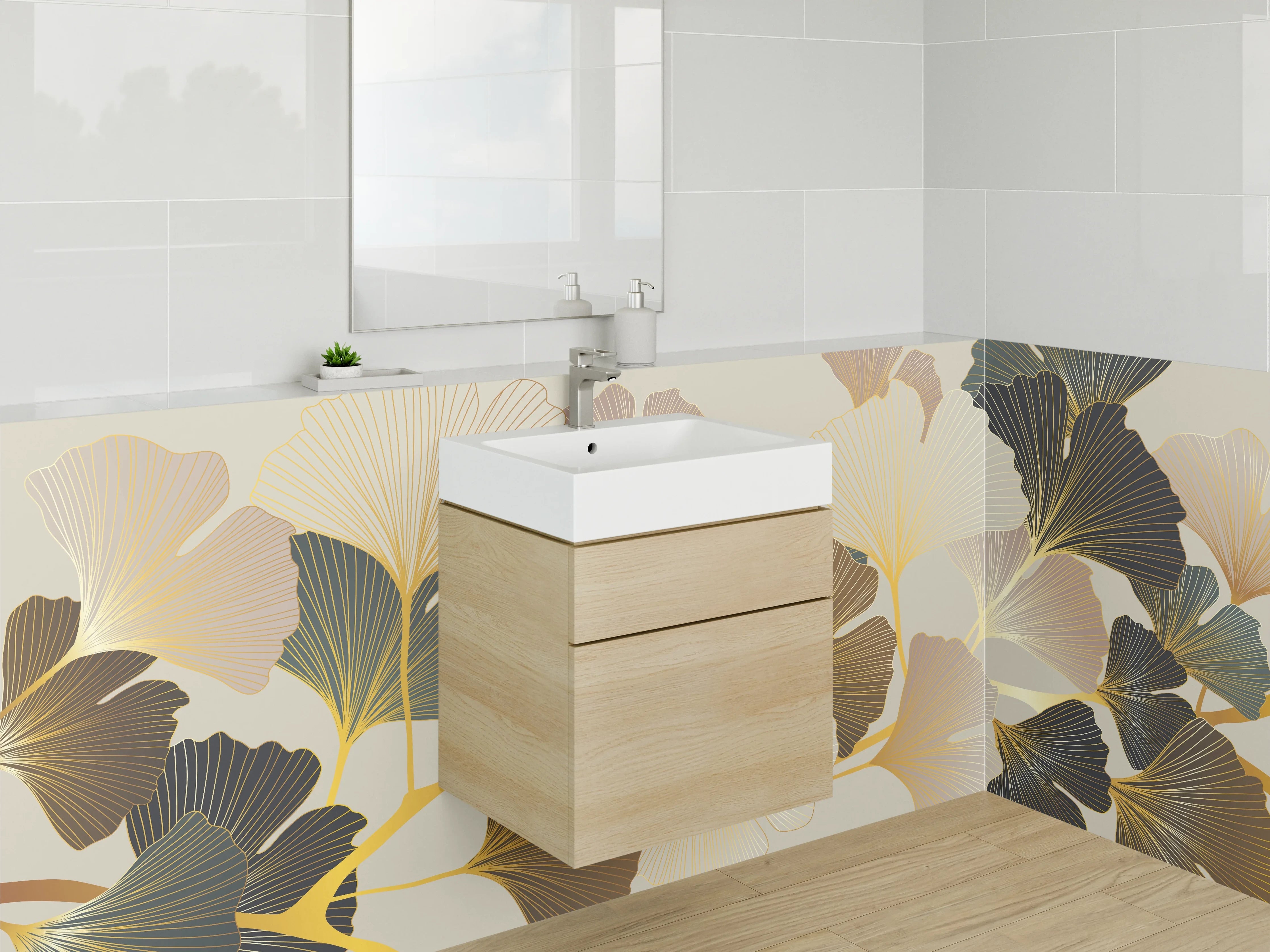 Waschbecken-Rückwand - Ginkgo-Blätter Art Deco Illustration