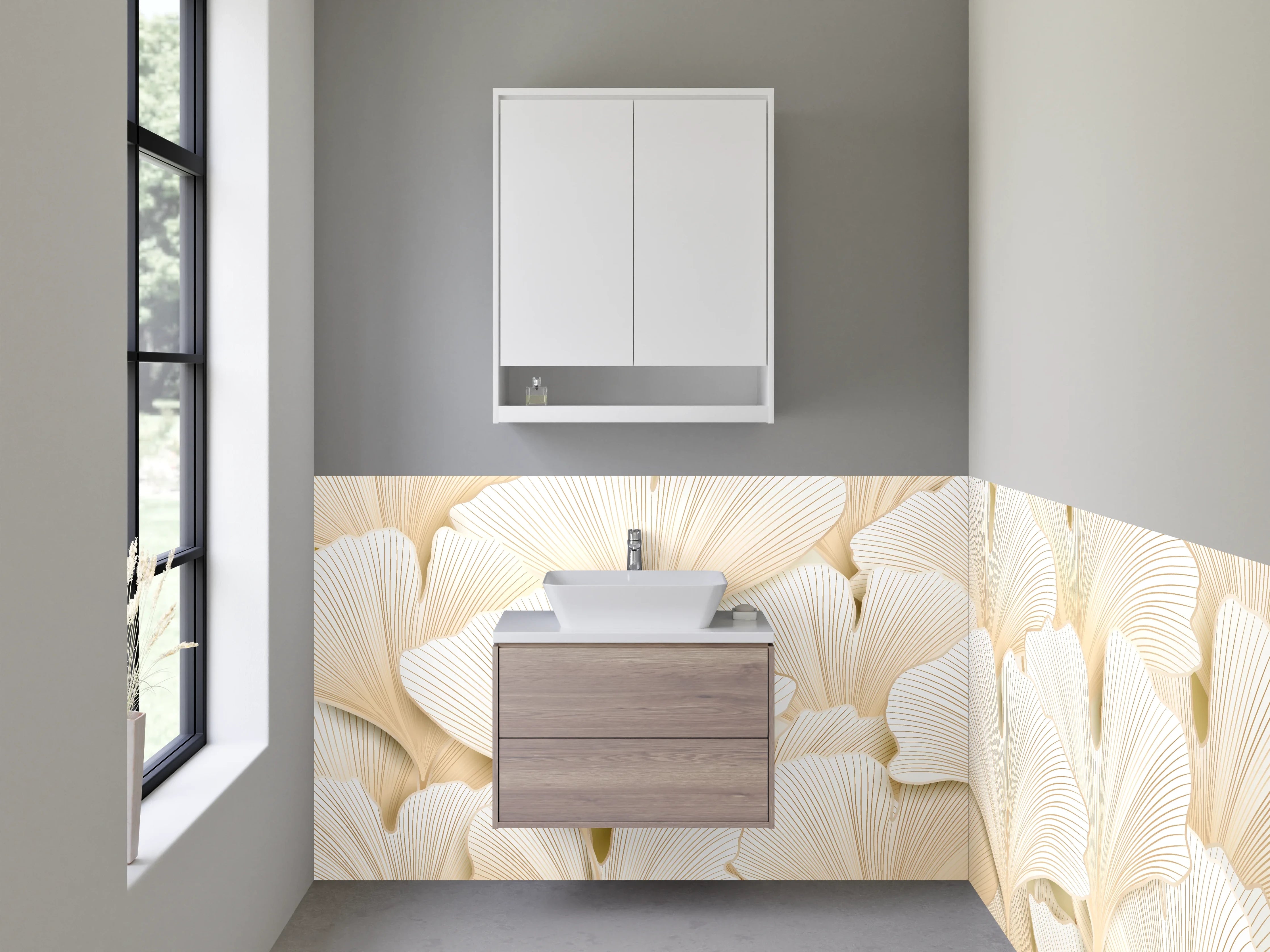 Waschbecken-Rückwand - Ginkgo-Blätter Beige Muster