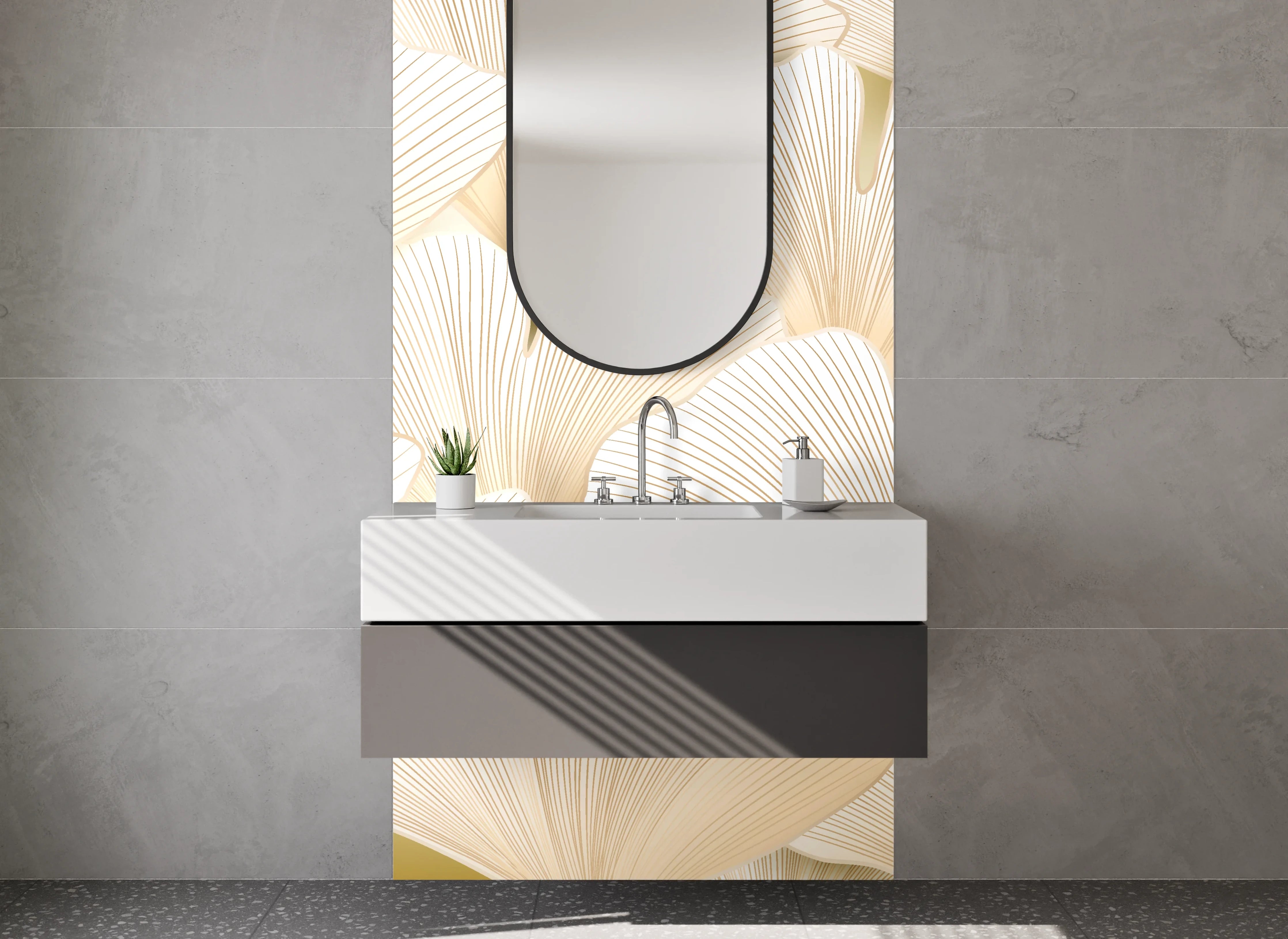 Waschbecken-Rückwand - Ginkgo-Blätter Beige Muster