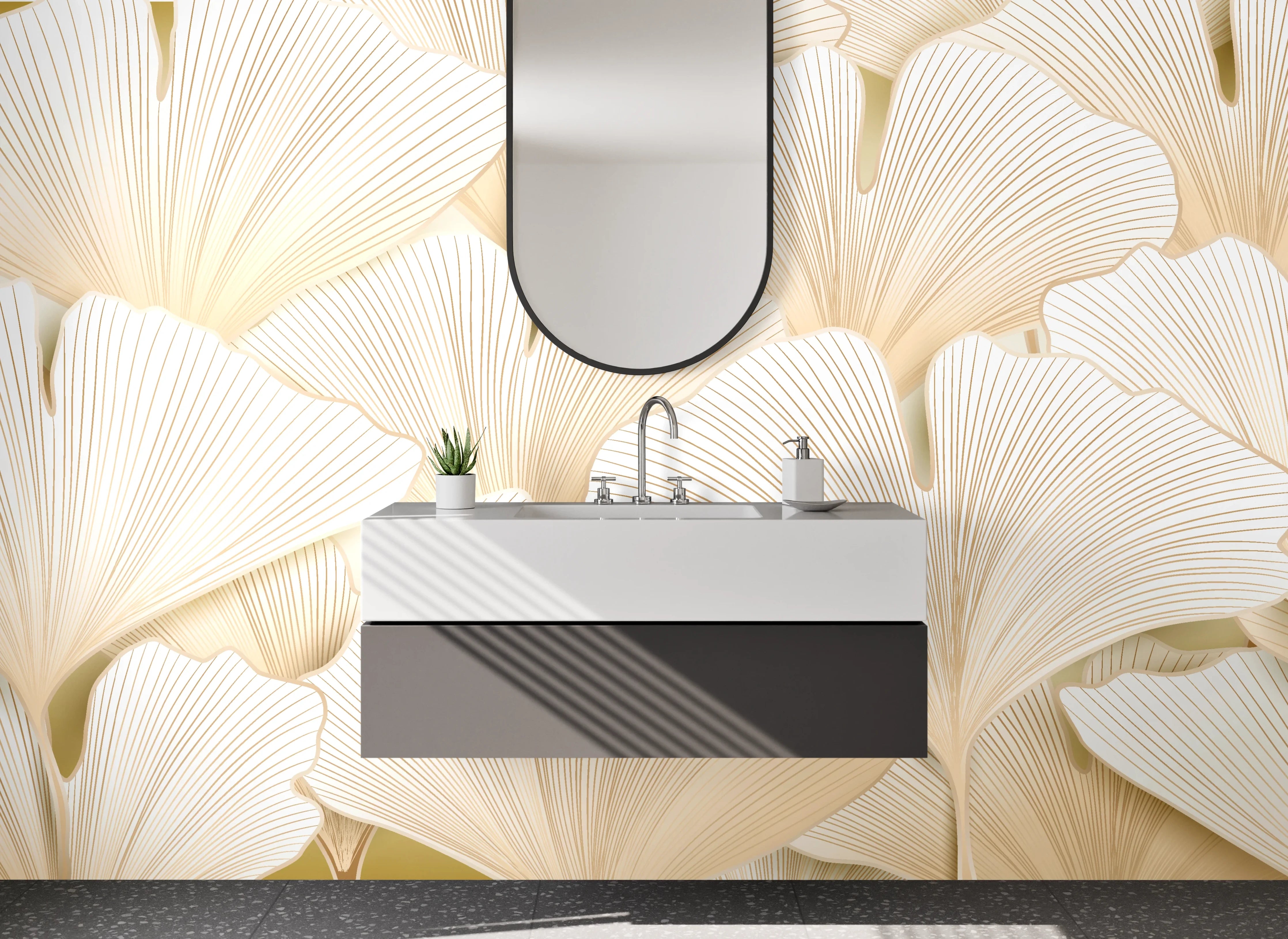 Waschbecken-Rückwand - Ginkgo-Blätter Beige Muster