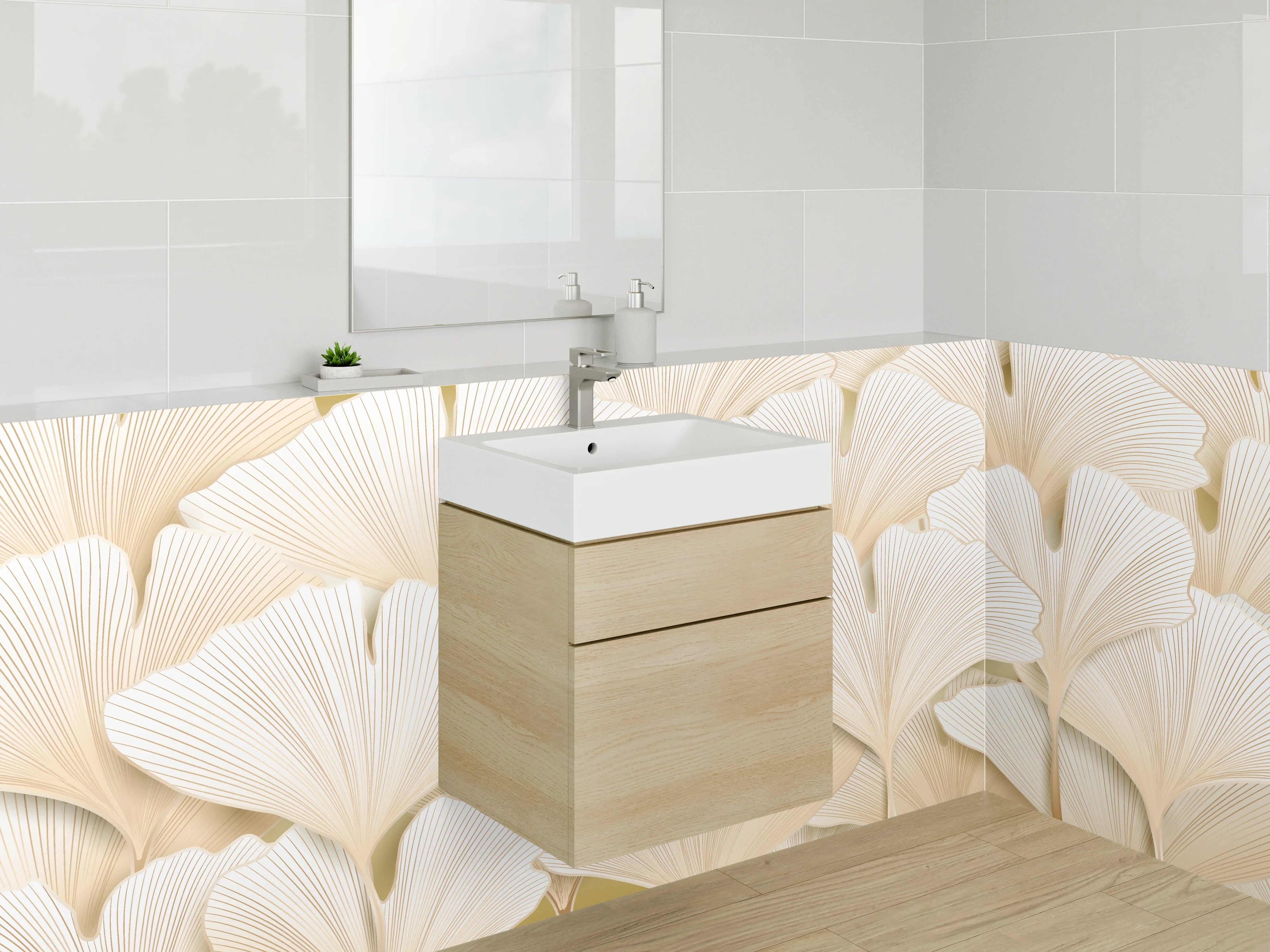 Waschbecken-Rückwand - Ginkgo-Blätter Beige Muster