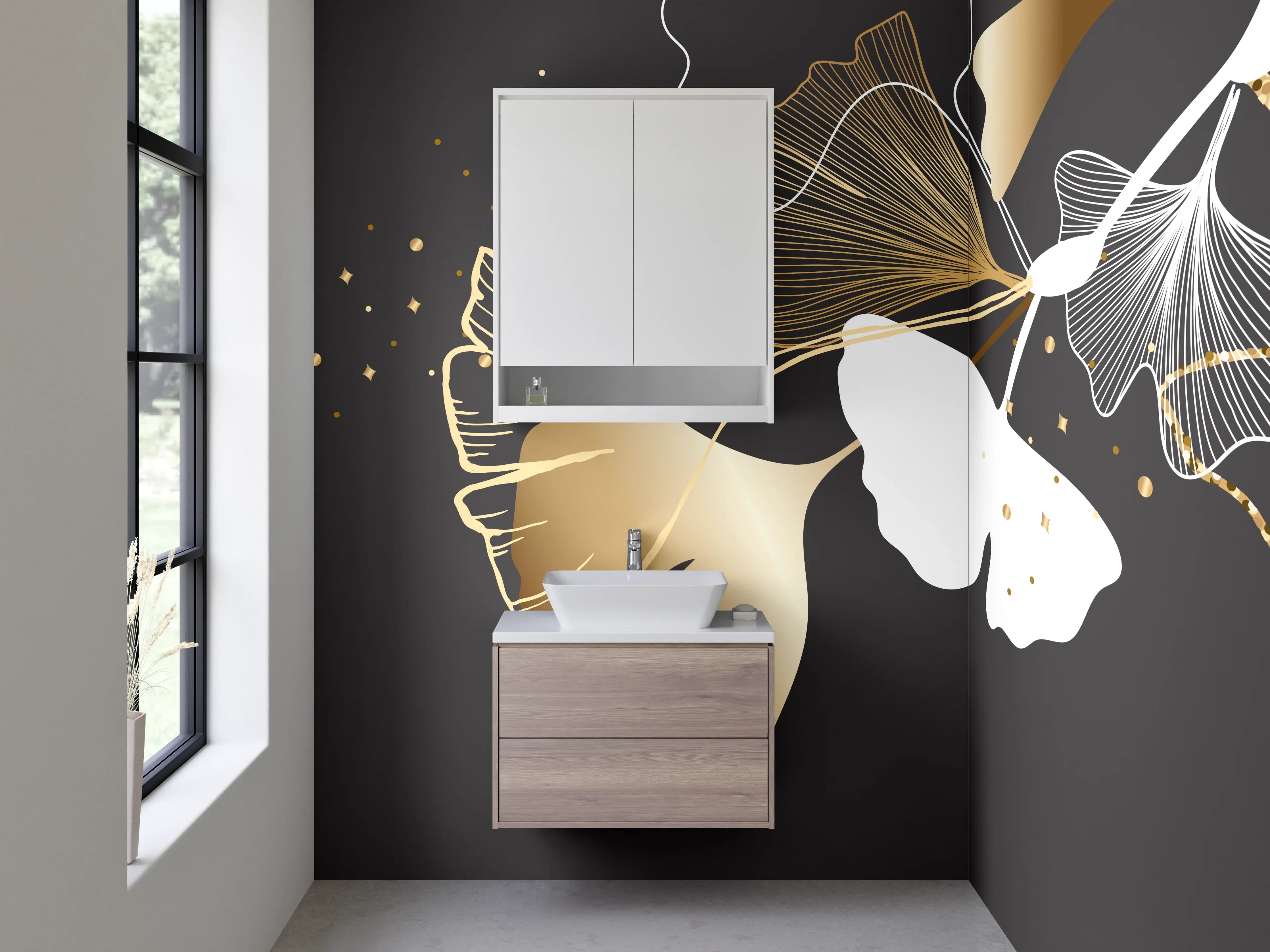 Waschbecken-Rückwand - Ginkgo Blätter Lineart Gold Akzent