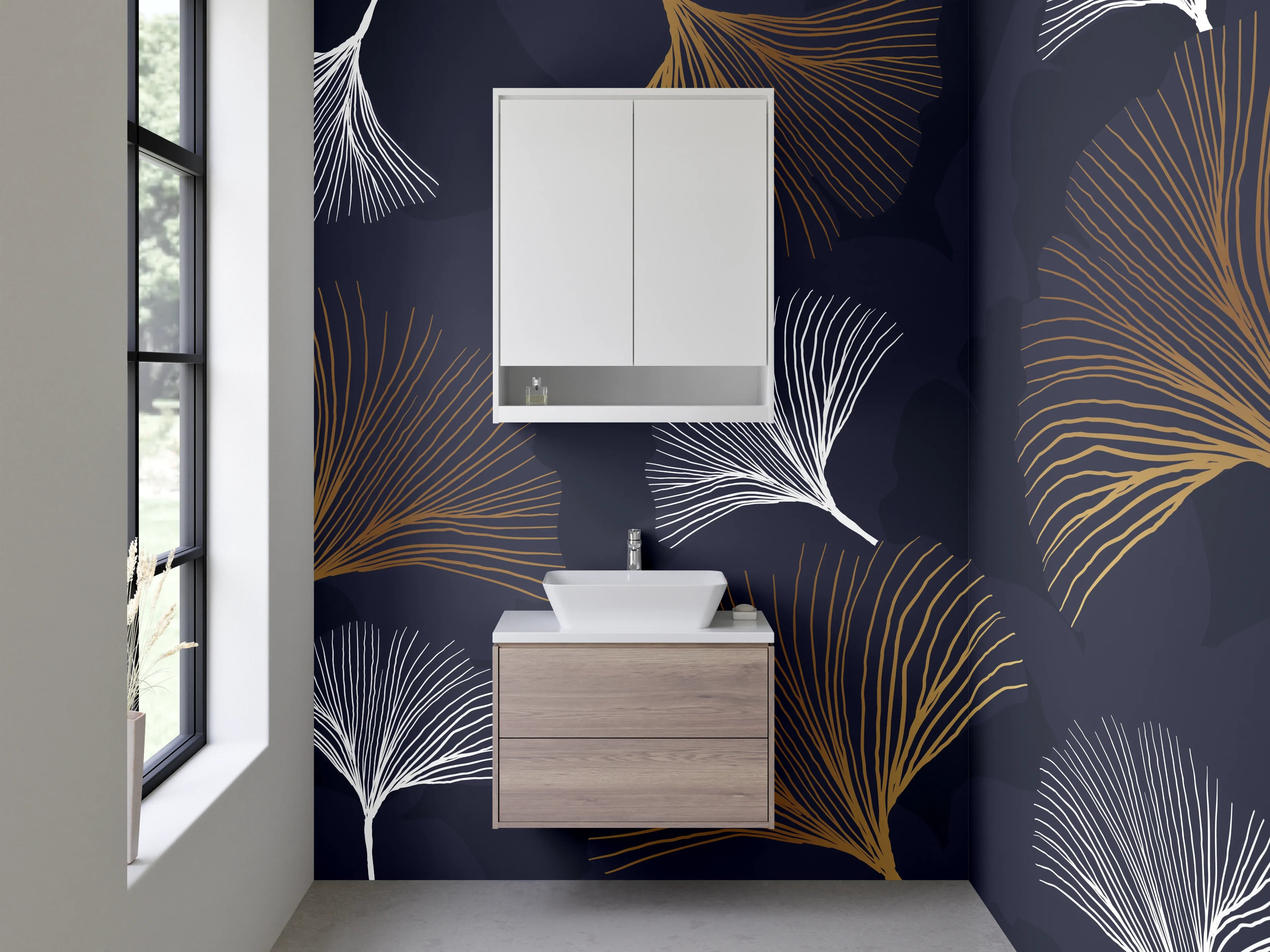 Waschbecken-Rückwand - Ginkgo Line Art Gold Anthrazit