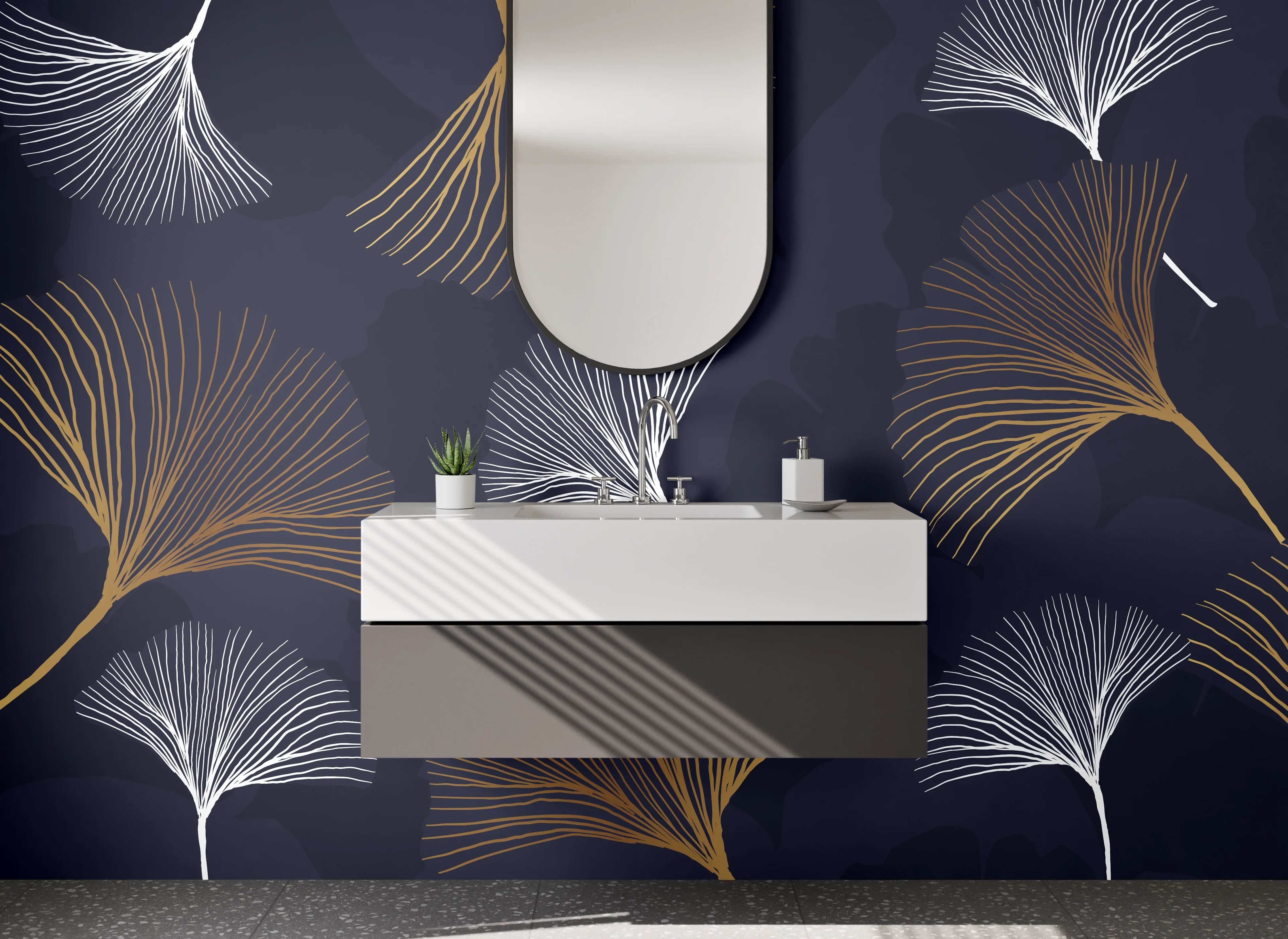 Waschbecken-Rückwand - Ginkgo-Lineart auf Dunkelblau – Modern