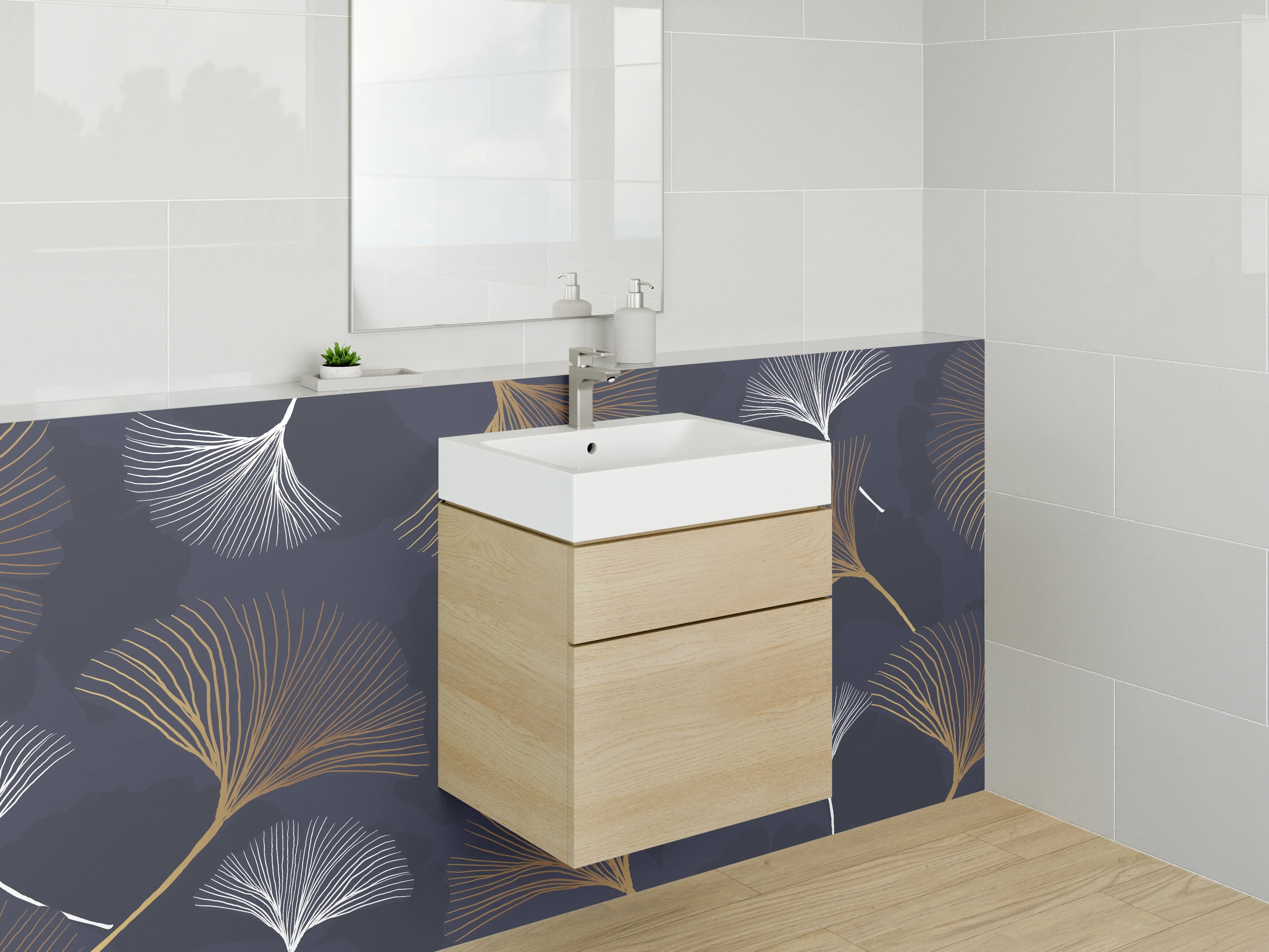 Waschbecken-Rückwand - Ginkgo-Lineart auf Dunkelblau – Modern