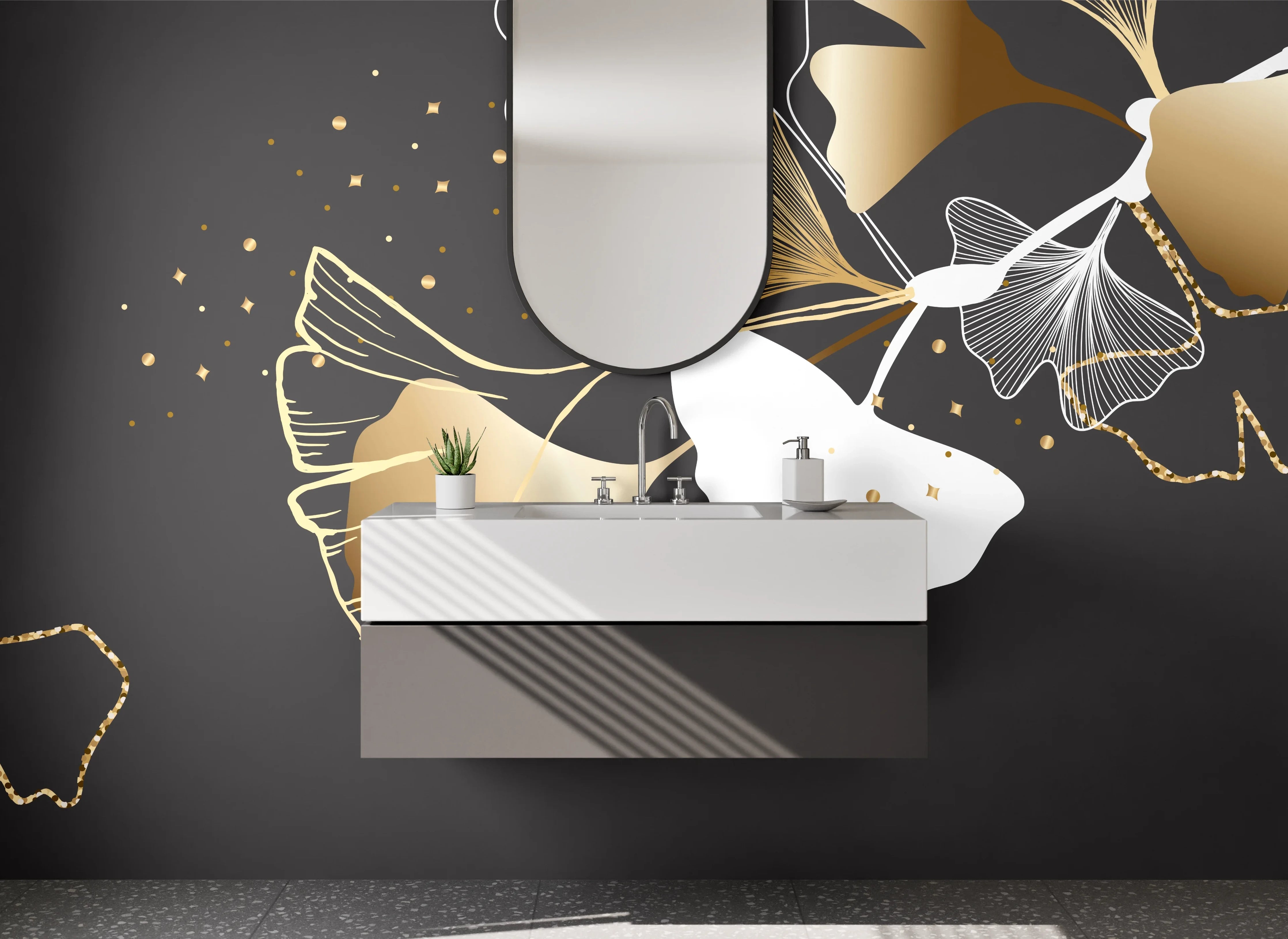 Waschbecken-Rückwand - Ginkgo & Schmetterlinge Lineart Gold