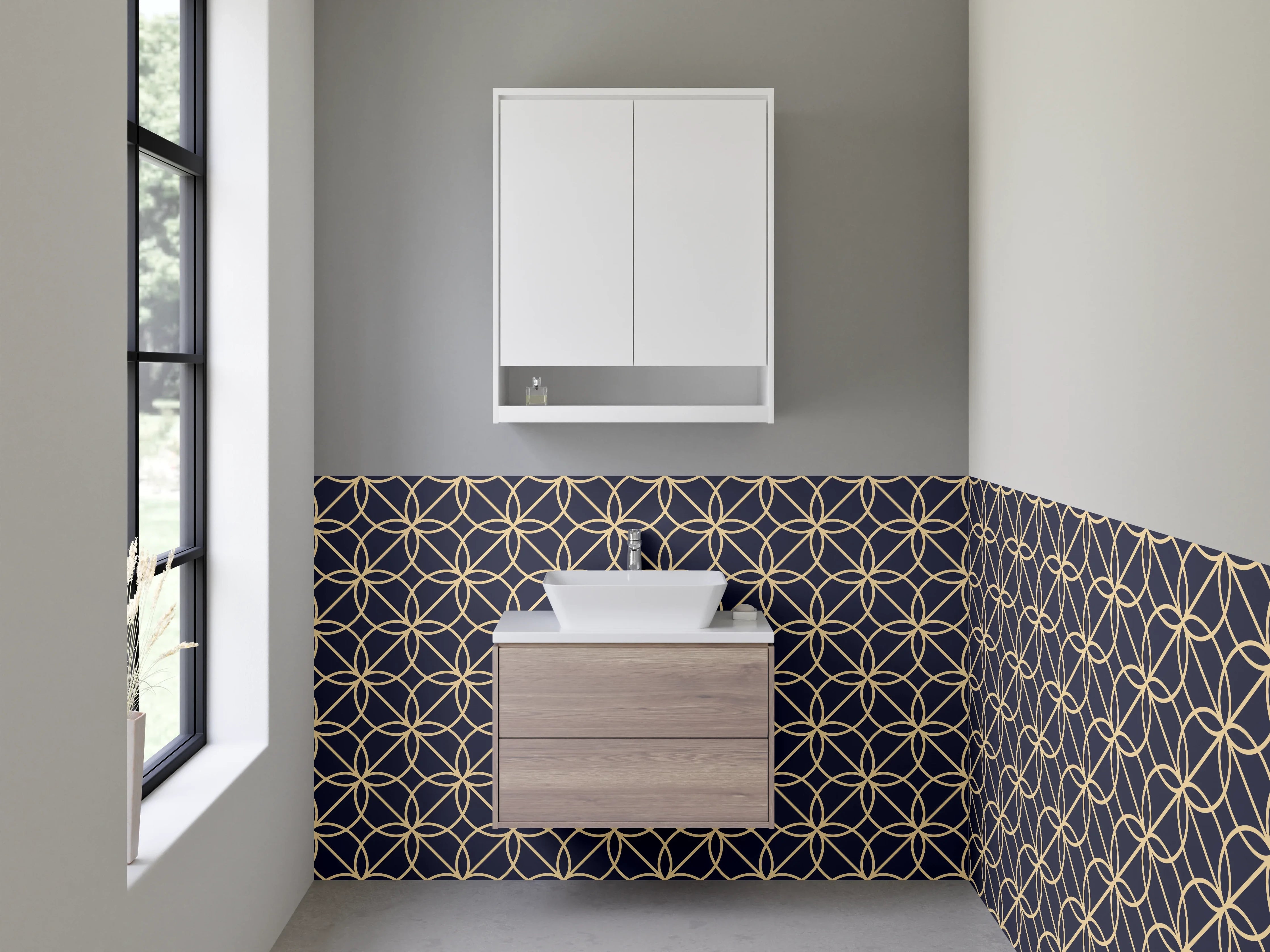 Waschbecken-Rückwand - Gold, Nachtblau und Silbergrau Geometrie